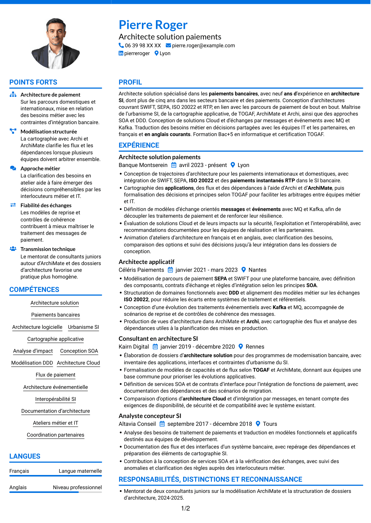 CV Audacieux (format à deux colonnes avec accents colorés et photo) : Architecte solution - Paiements SWIFT, page 1
