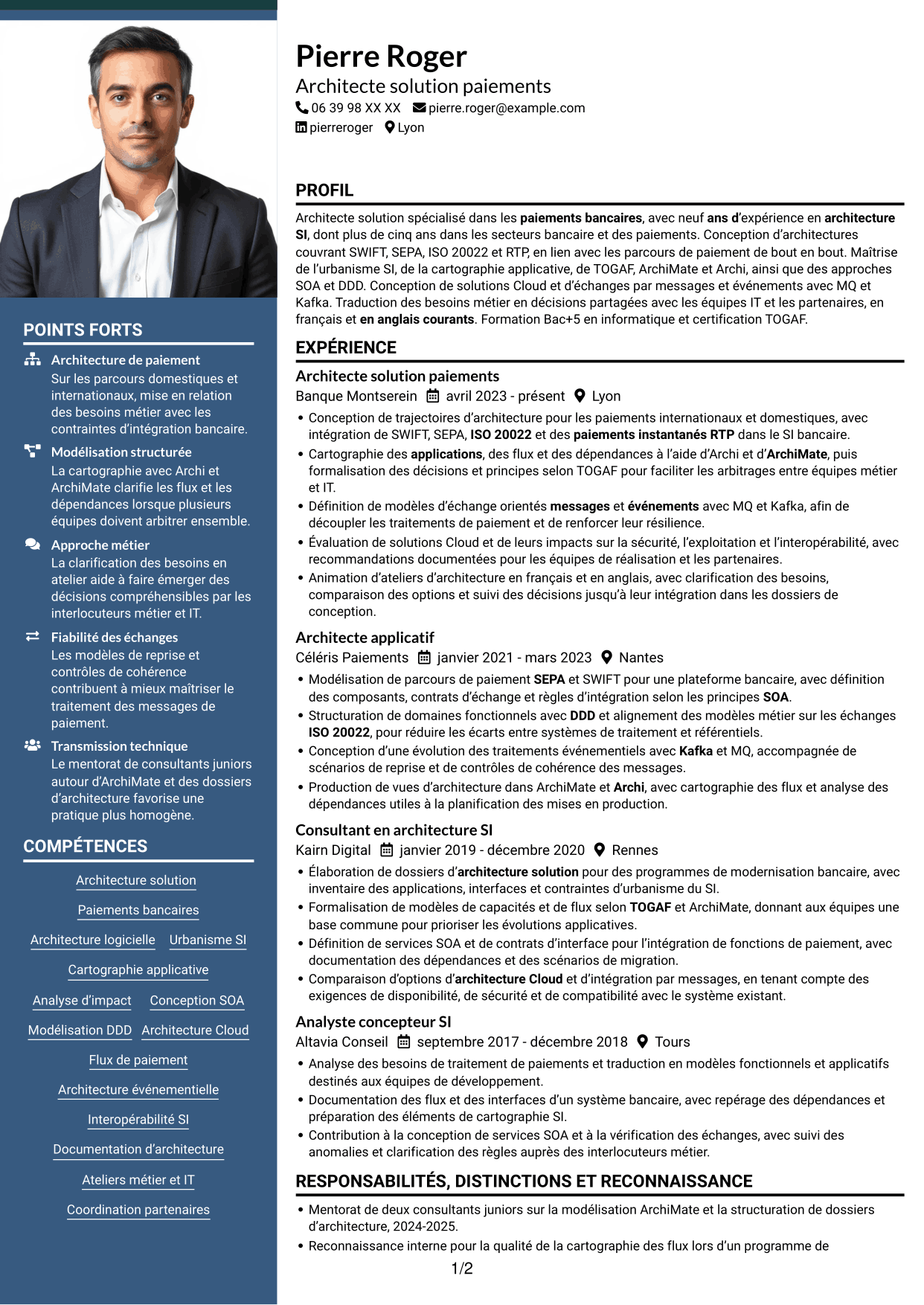 CV Signature (format à colonne latérale colorée avec grande photo) : Architecte solution - Paiements SWIFT, page 1