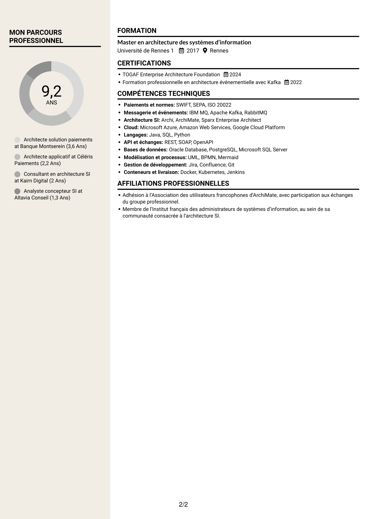 CV Fonceur (format à deux colonnes avec en-tête centré sans photo) : Architecte solution - Paiements SWIFT, page 2