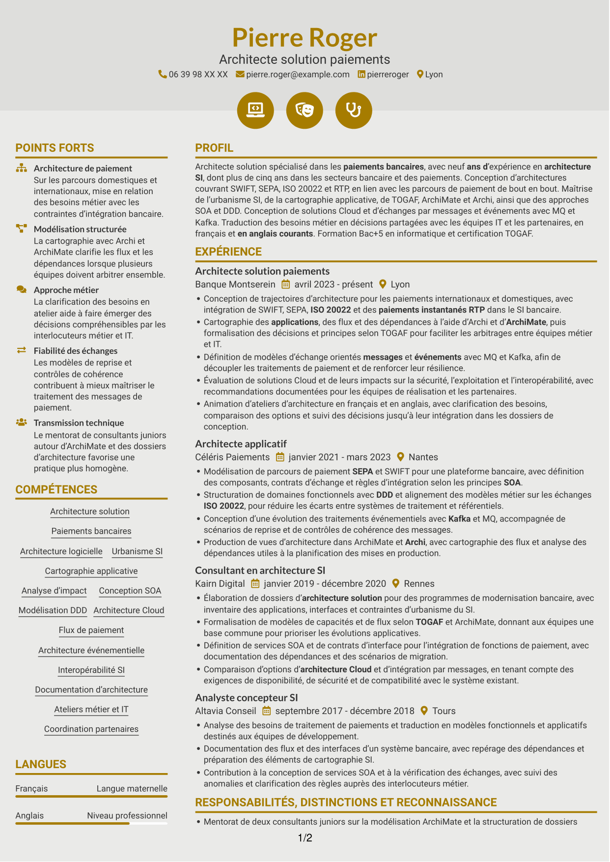 CV Dynamique (format à deux colonnes avec icônes) : Architecte solution - Paiements SWIFT, page 1