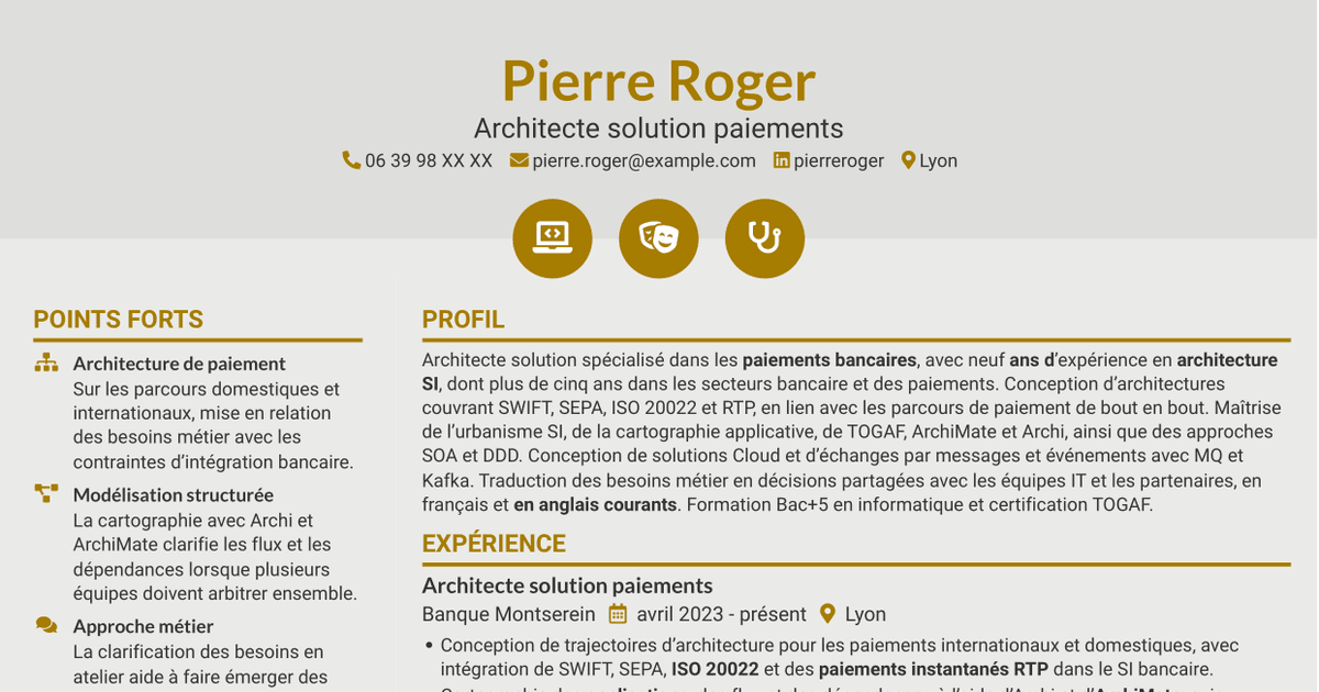7 modèles de CV pour Architecte solution - Paiements SWIFT, avec exemples