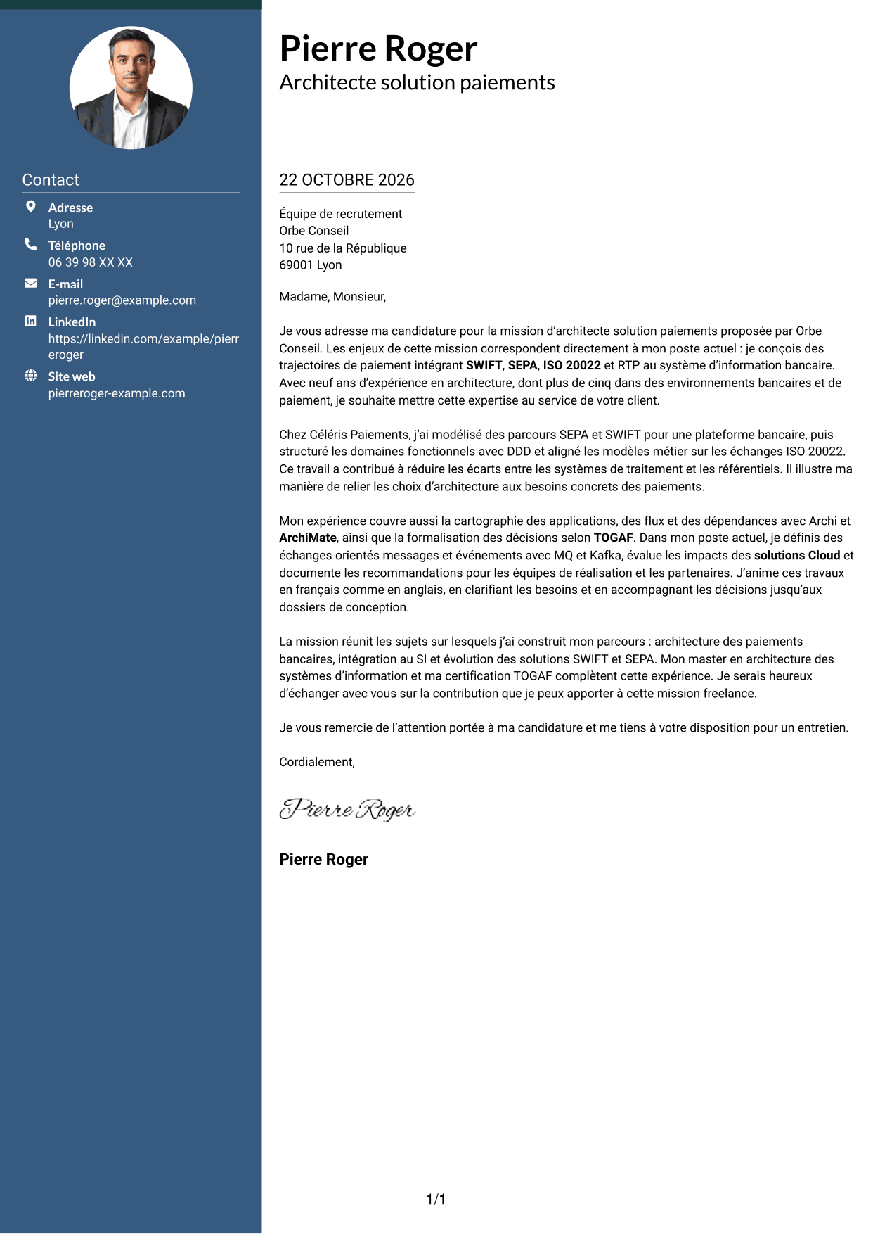 Lettre de motivation Élégant (format à colonne latérale colorée avec photo) : Architecte solution - Paiements SWIFT, page 1