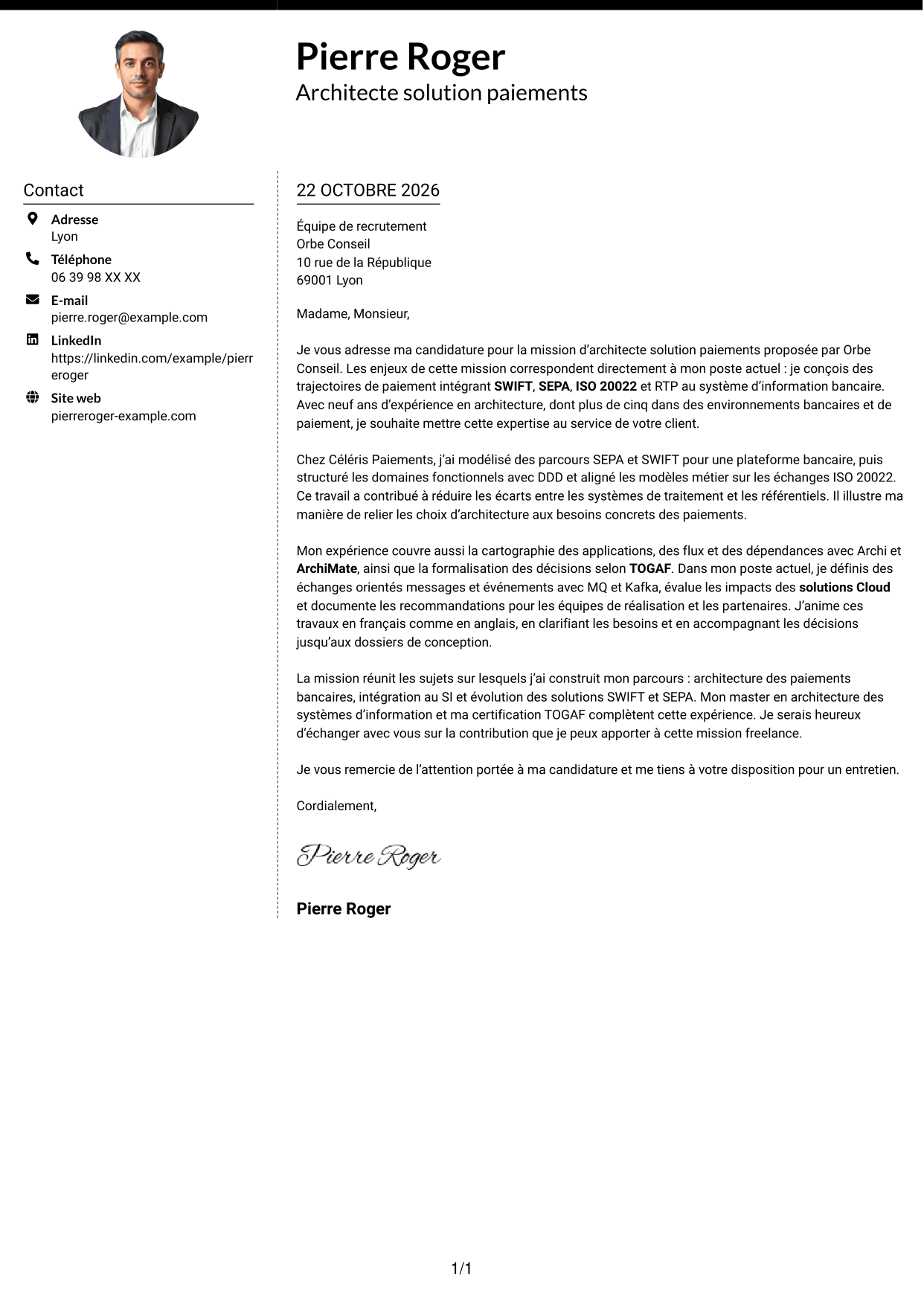 Lettre de motivation Moderne (format à deux colonnes avec photo à gauche et séparateur) : Architecte solution - Paiements SWIFT, page 1