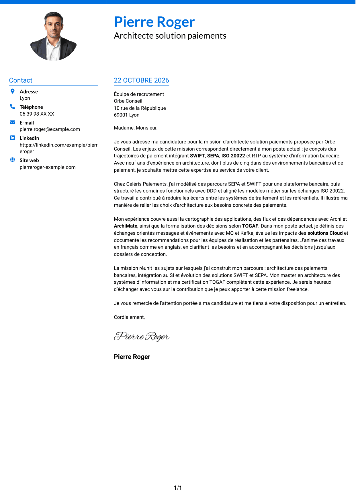 Lettre de motivation Audacieux (format à deux colonnes avec accents colorés et photo) : Architecte solution - Paiements SWIFT, page 1