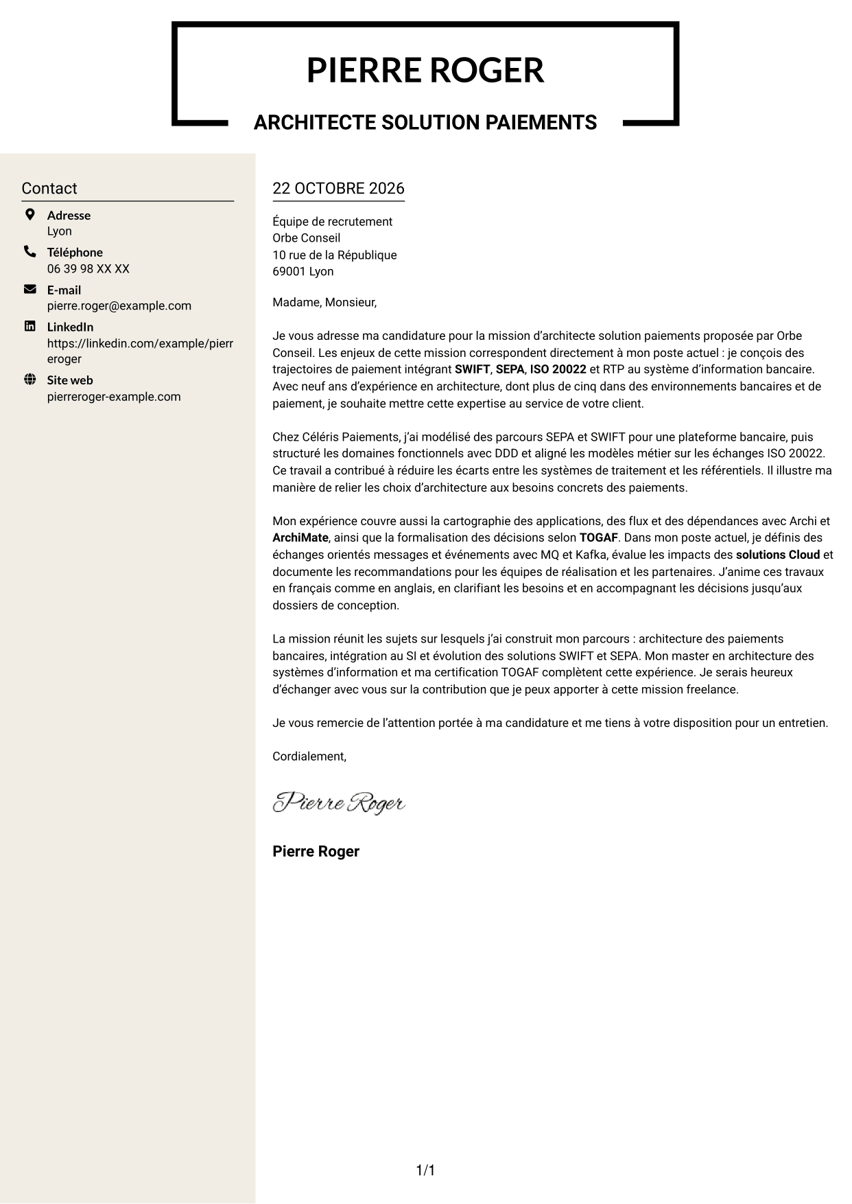 Lettre de motivation Fonceur (format à deux colonnes avec en-tête centré sans photo) : Architecte solution - Paiements SWIFT, page 1