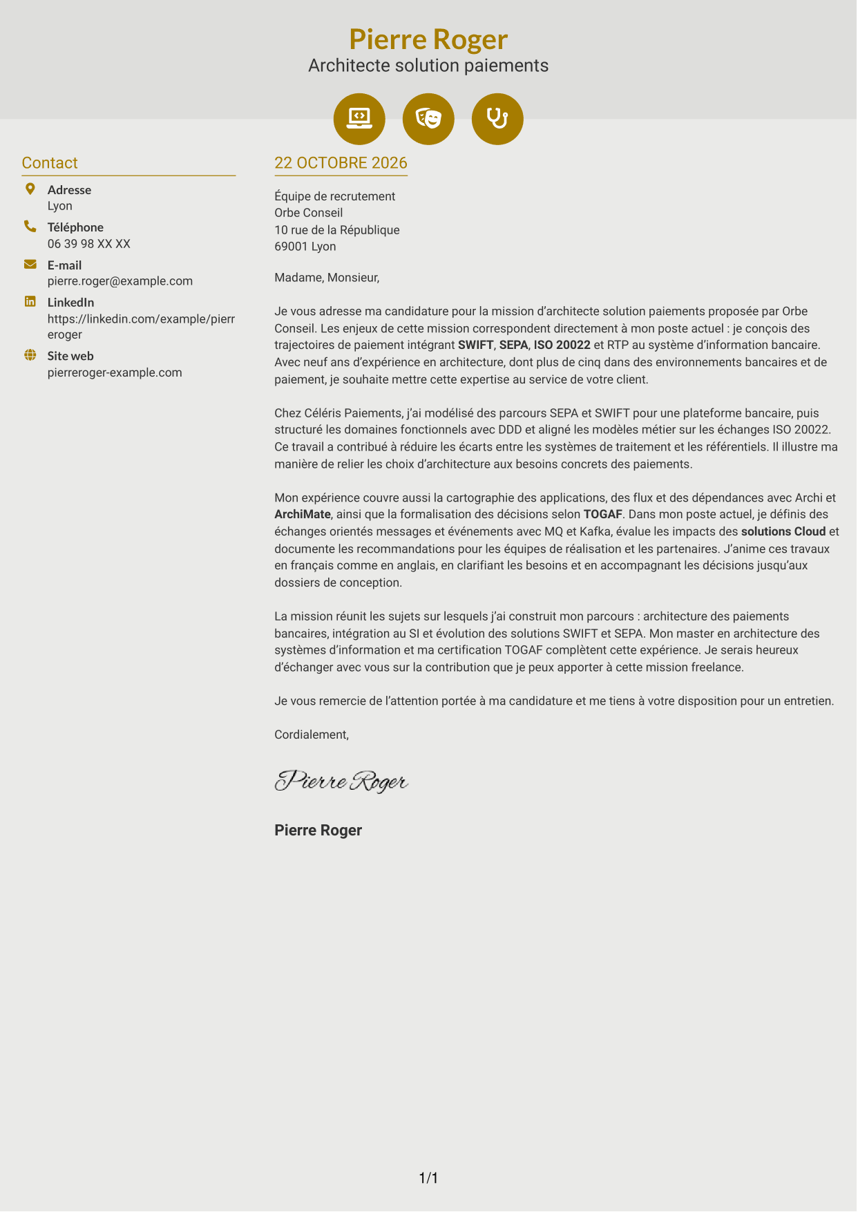 Lettre de motivation Dynamique (format à deux colonnes avec icônes) : Architecte solution - Paiements SWIFT, page 1