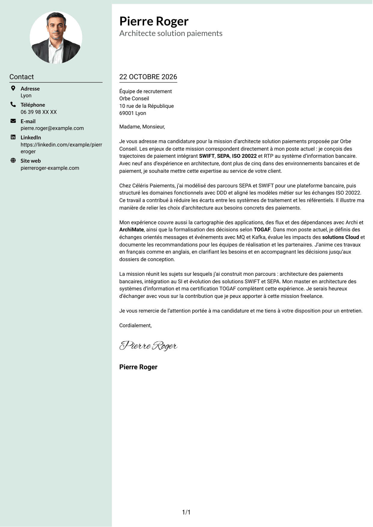 Lettre de motivation Cadre (format à colonne latérale douce avec photo arrondie) : Architecte solution - Paiements SWIFT, page 1