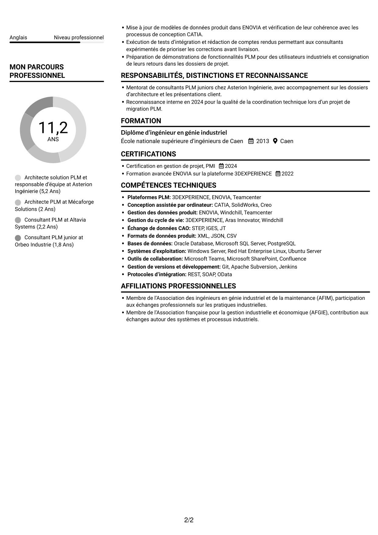 CV Compact (format sobre à deux colonnes avec photo) : Architecte solution PLM, page 2