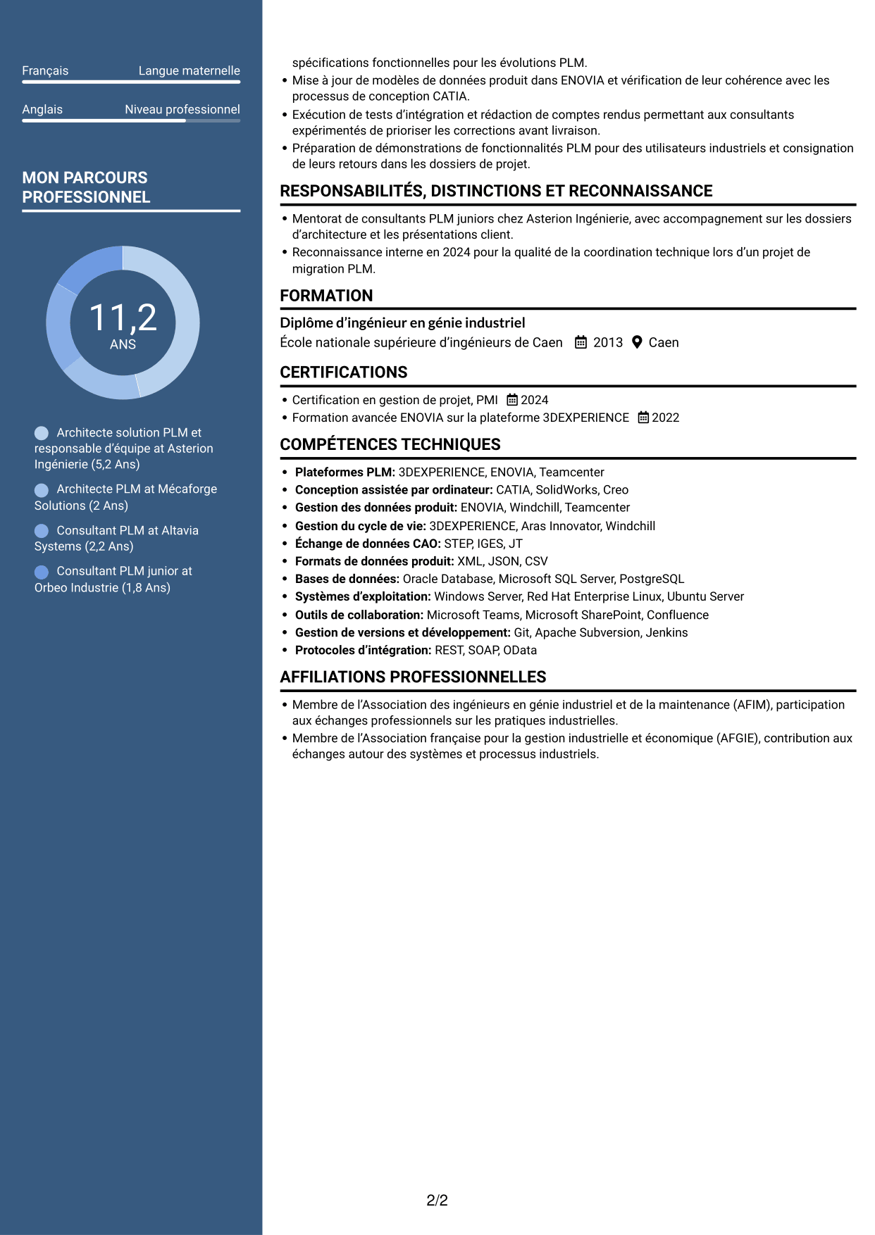CV Élégant (format à colonne latérale colorée avec photo) : Architecte solution PLM, page 2