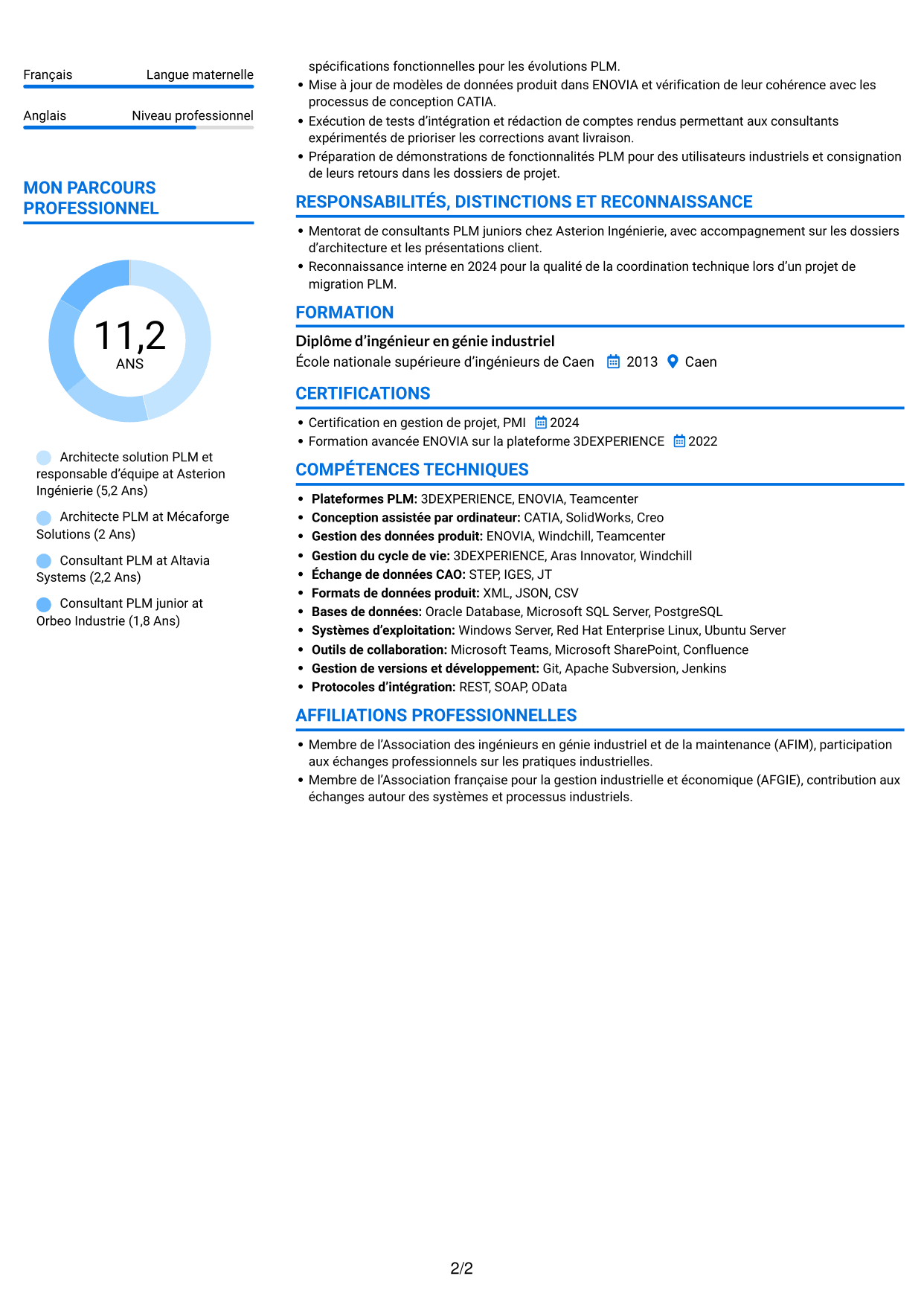 CV Audacieux (format à deux colonnes avec accents colorés et photo) : Architecte solution PLM, page 2