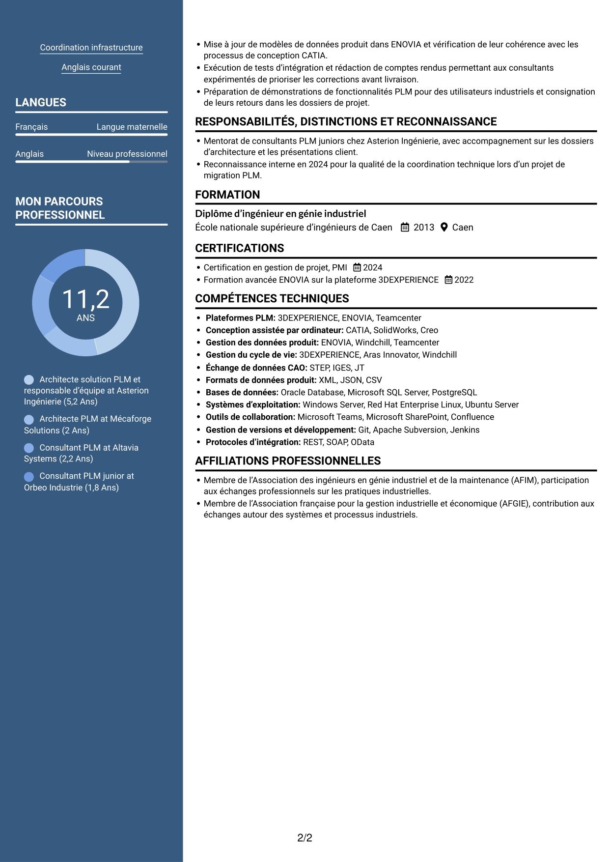CV Signature (format à colonne latérale colorée avec grande photo) : Architecte solution PLM, page 2