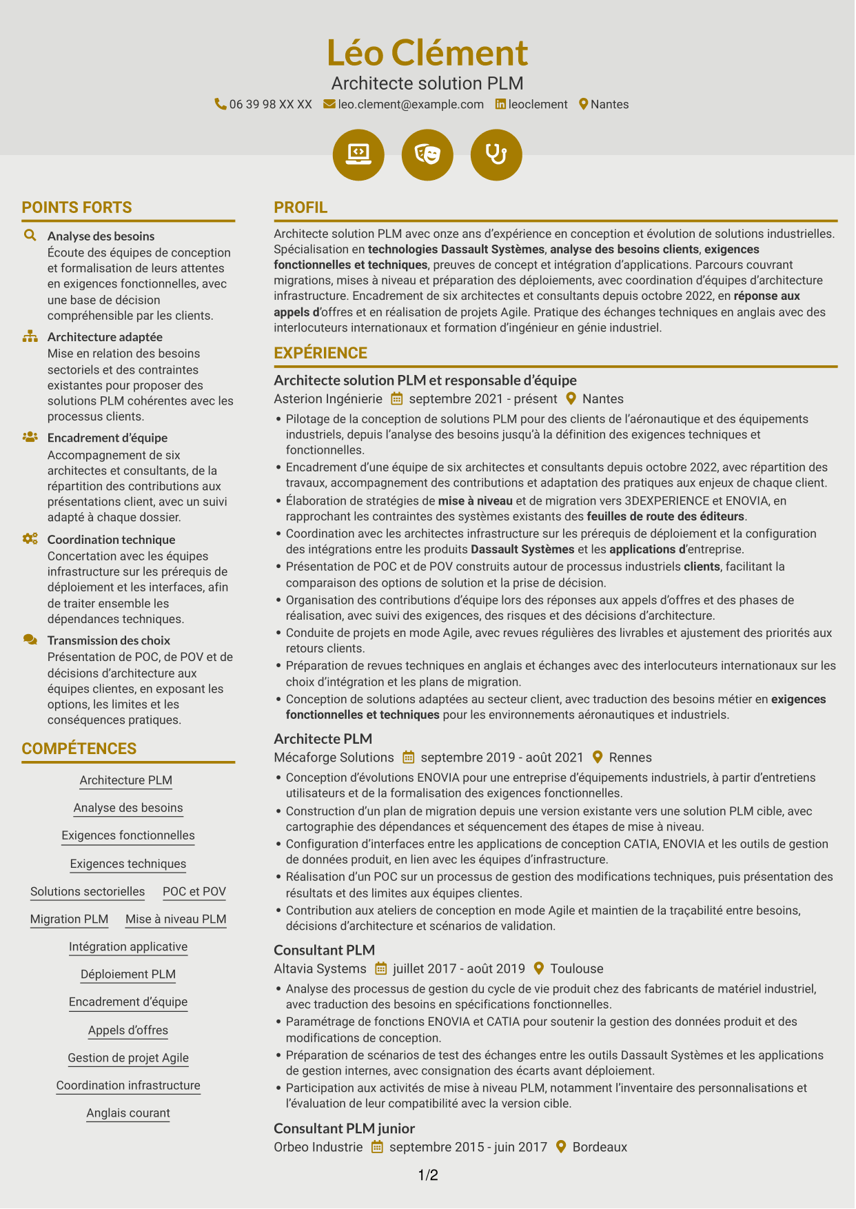 CV Dynamique (format à deux colonnes avec icônes) : Architecte solution PLM, page 1