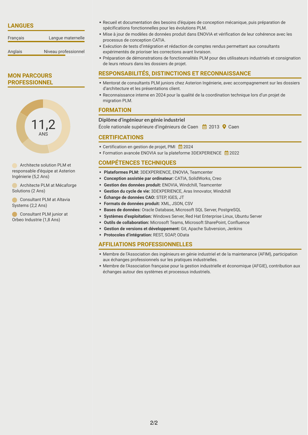 CV Dynamique (format à deux colonnes avec icônes) : Architecte solution PLM, page 2