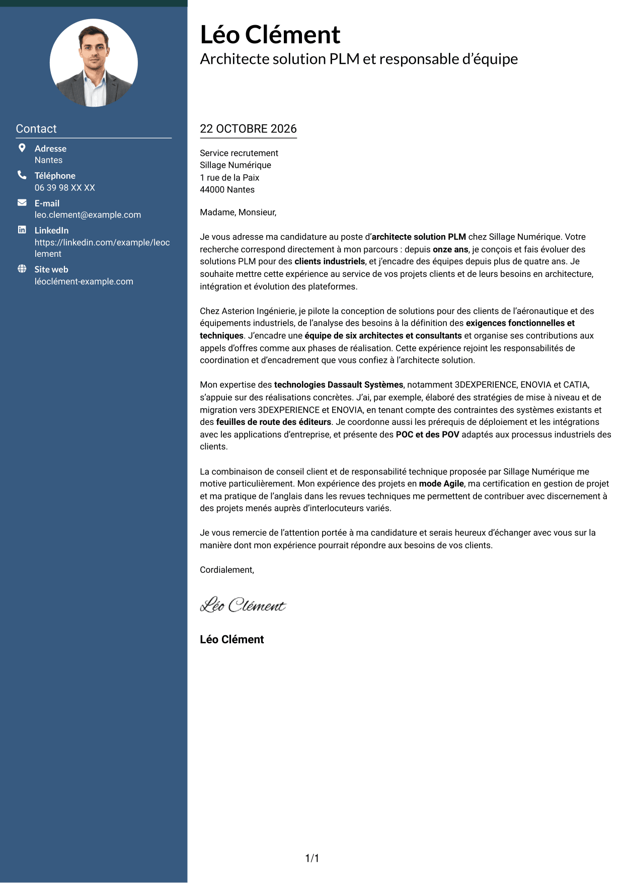 Lettre de motivation Élégant (format à colonne latérale colorée avec photo) : Architecte solution PLM, page 1