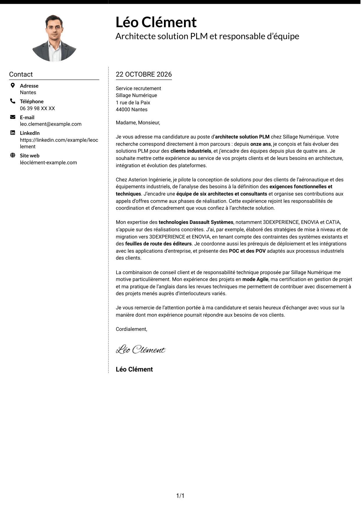 Lettre de motivation Moderne (format à deux colonnes avec photo à gauche et séparateur) : Architecte solution PLM, page 1