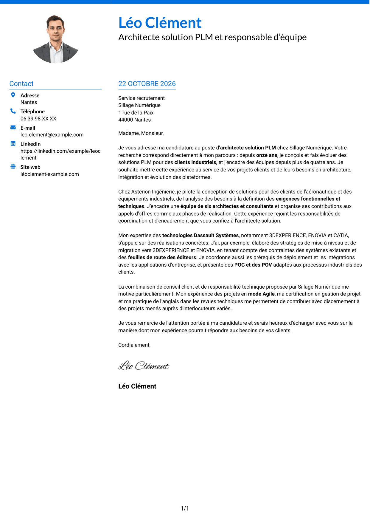 Lettre de motivation Audacieux (format à deux colonnes avec accents colorés et photo) : Architecte solution PLM, page 1