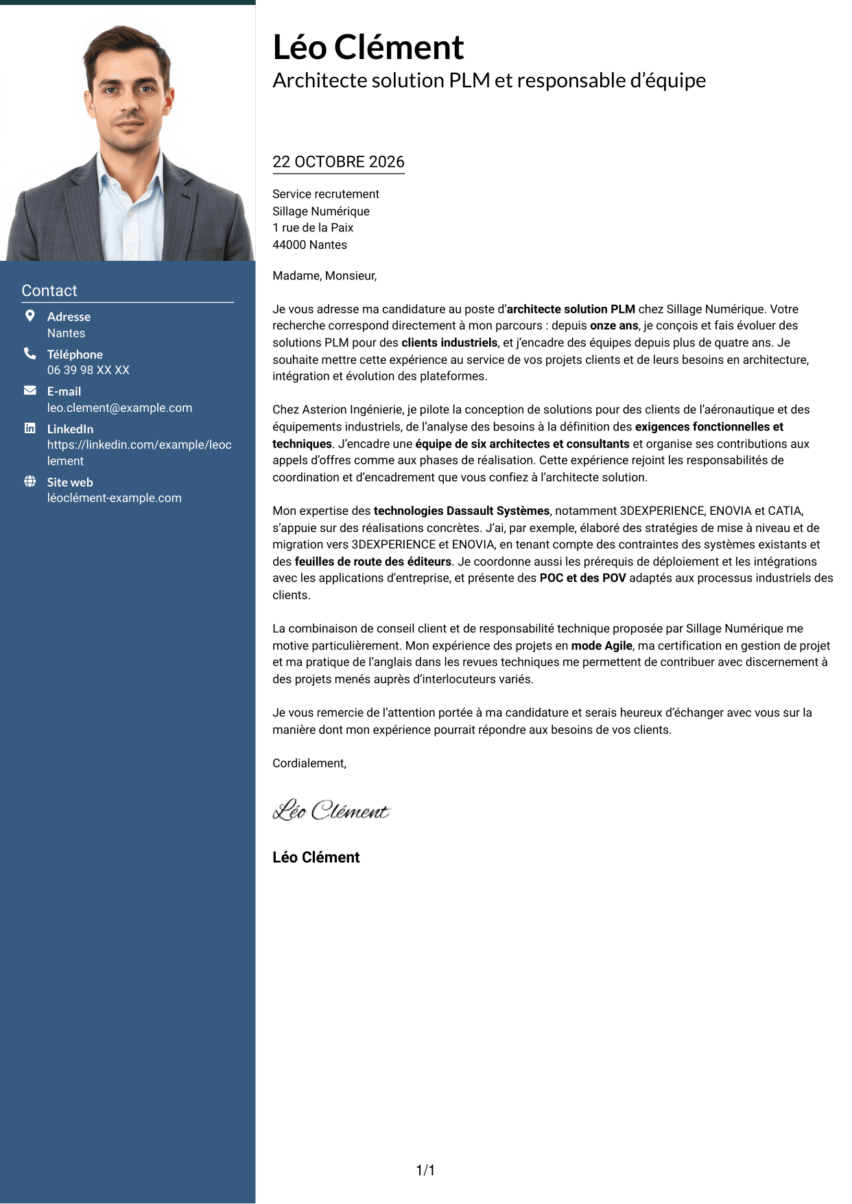Lettre de motivation Signature (format à colonne latérale colorée avec grande photo) : Architecte solution PLM, page 1