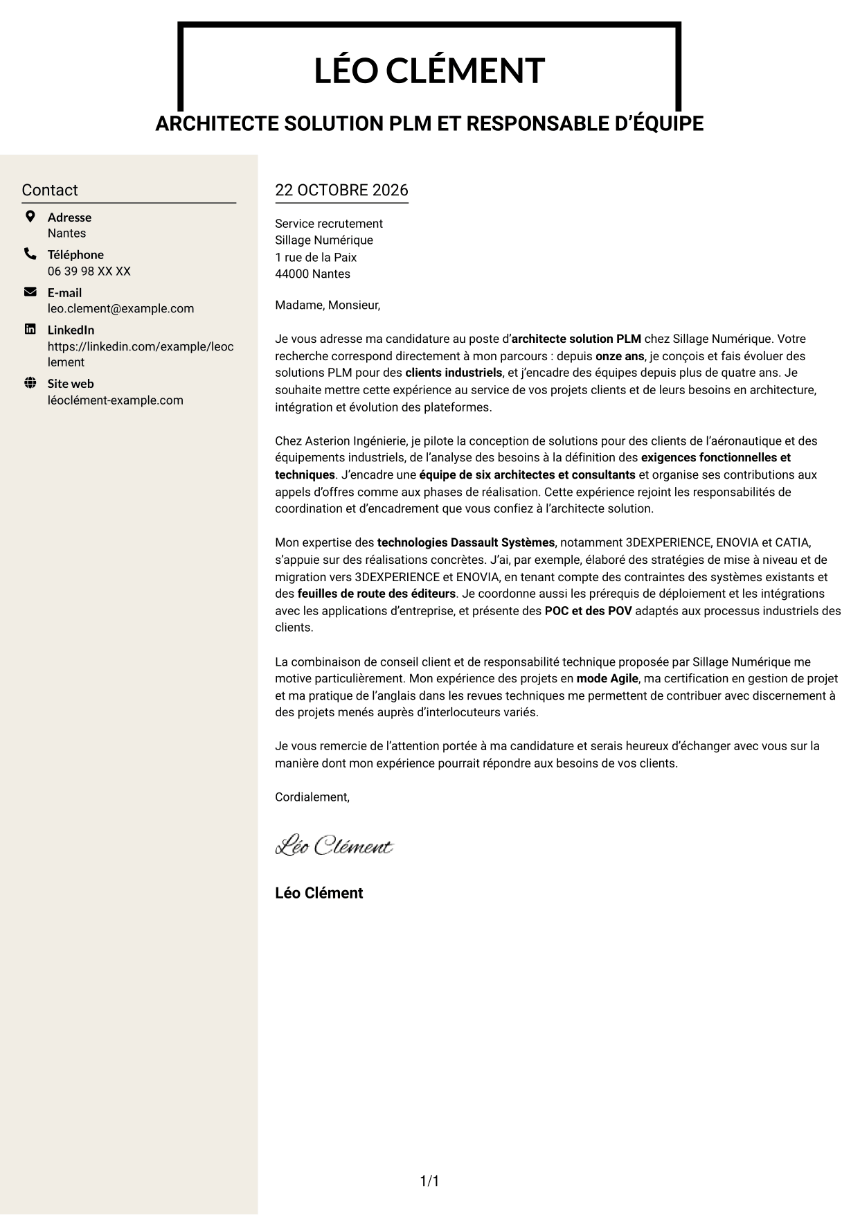 Lettre de motivation Fonceur (format à deux colonnes avec en-tête centré sans photo) : Architecte solution PLM, page 1