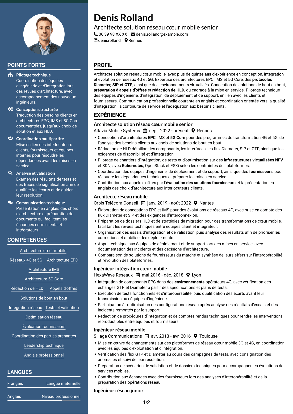 CV Élégant (format à colonne latérale colorée avec photo) : Architecte solution réseau cœur mobile, page 1