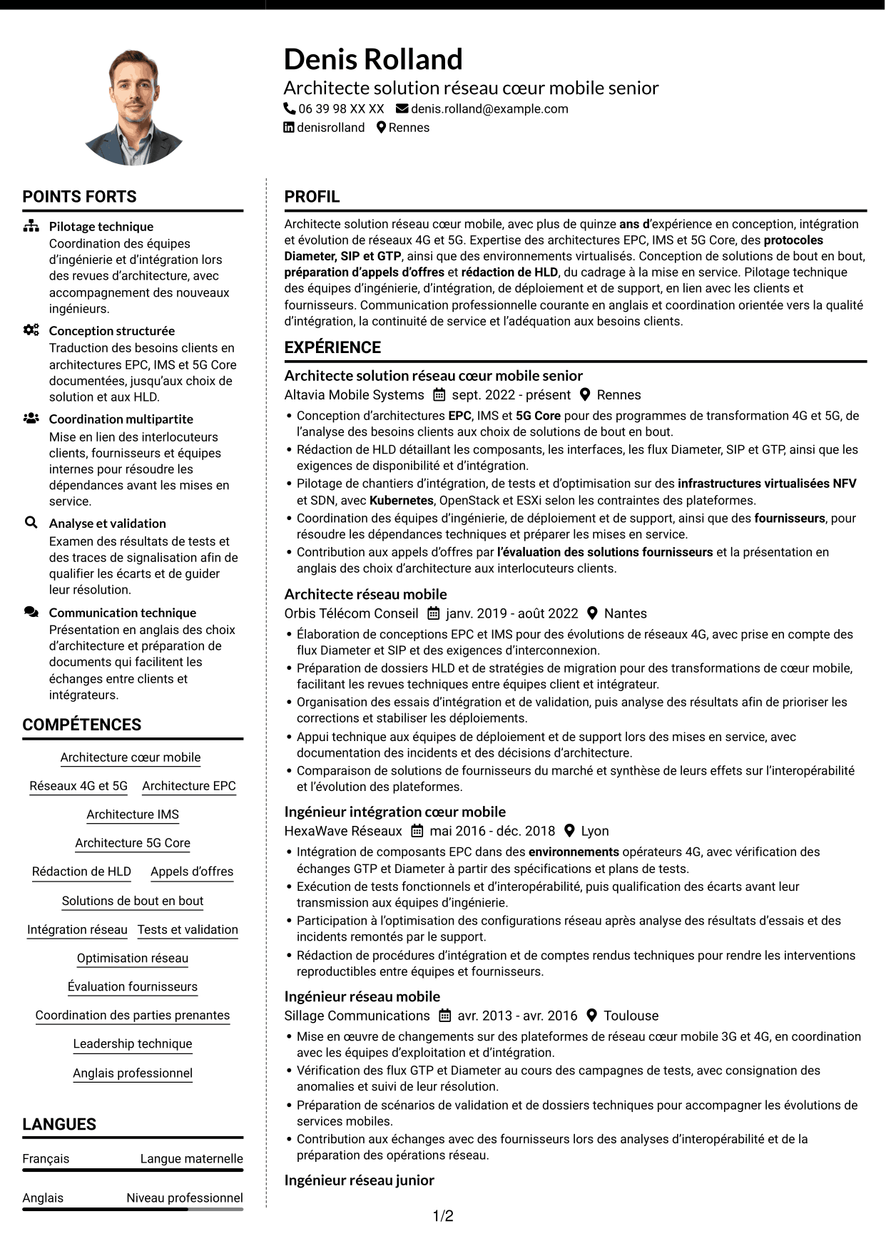 CV Moderne (format à deux colonnes avec photo à gauche et séparateur) : Architecte solution réseau cœur mobile, page 1