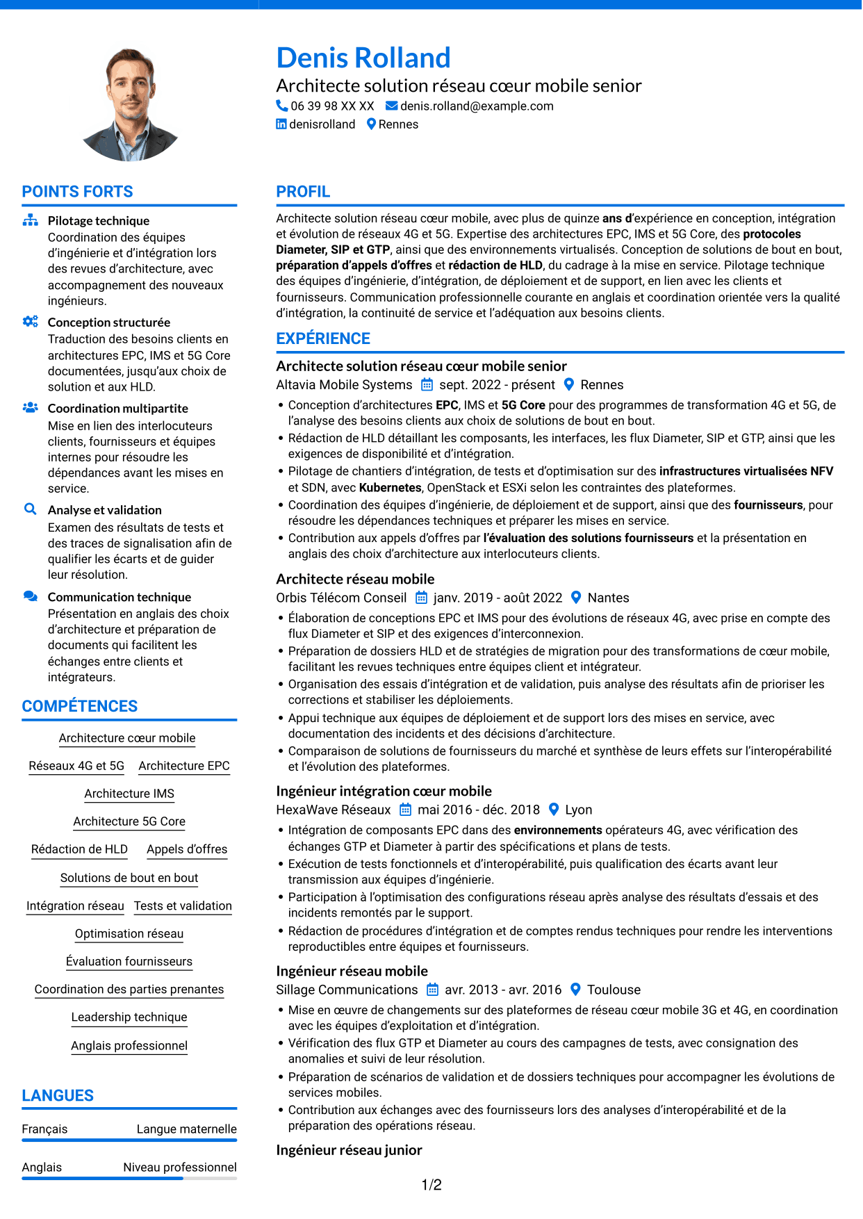 CV Audacieux (format à deux colonnes avec accents colorés et photo) : Architecte solution réseau cœur mobile, page 1