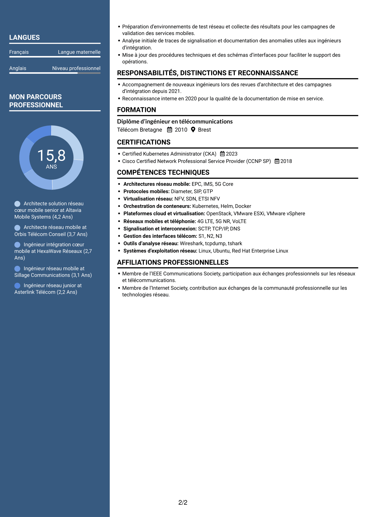 CV Signature (format à colonne latérale colorée avec grande photo) : Architecte solution réseau cœur mobile, page 2