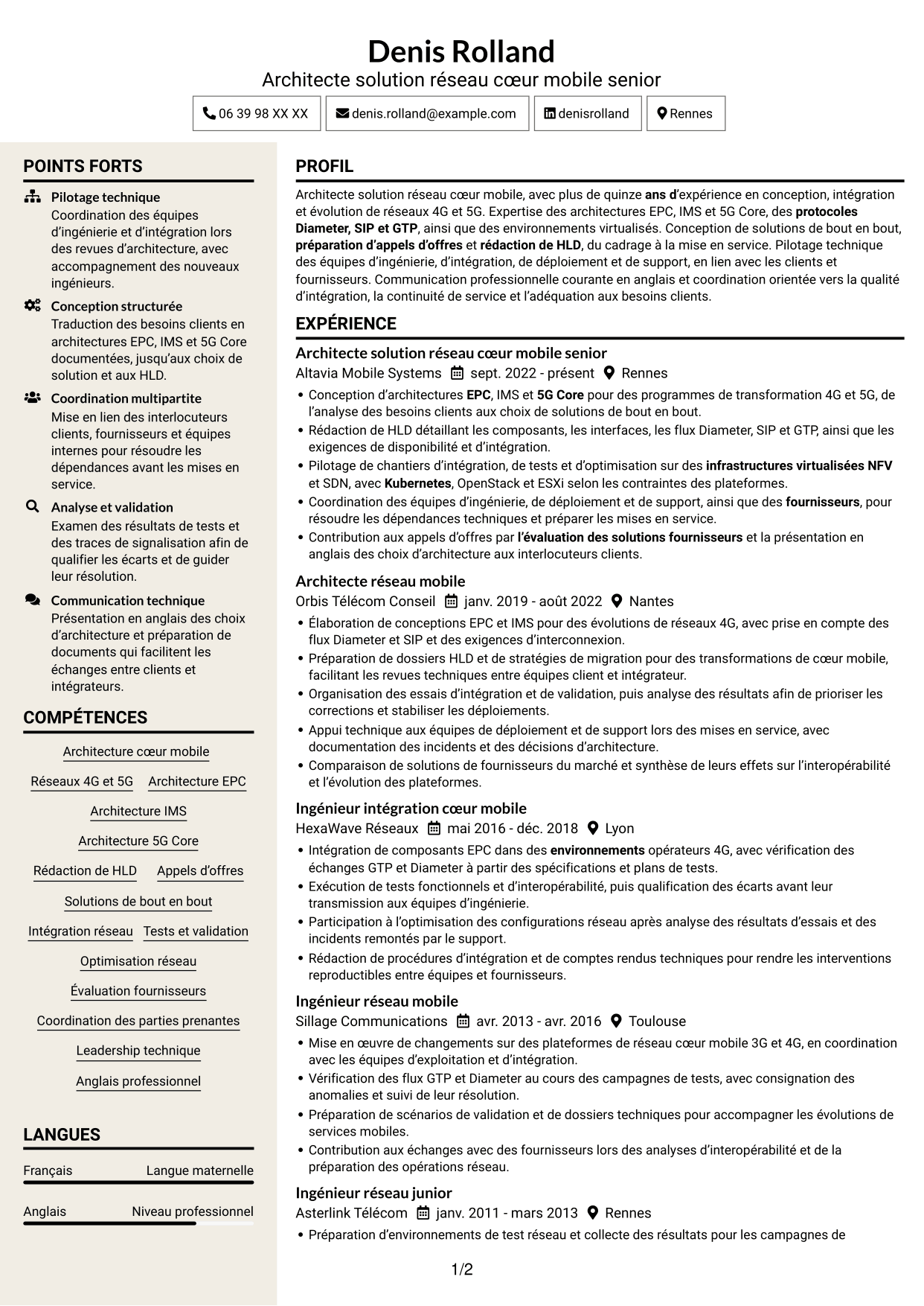 CV Fonceur (format à deux colonnes avec en-tête centré sans photo) : Architecte solution réseau cœur mobile, page 1