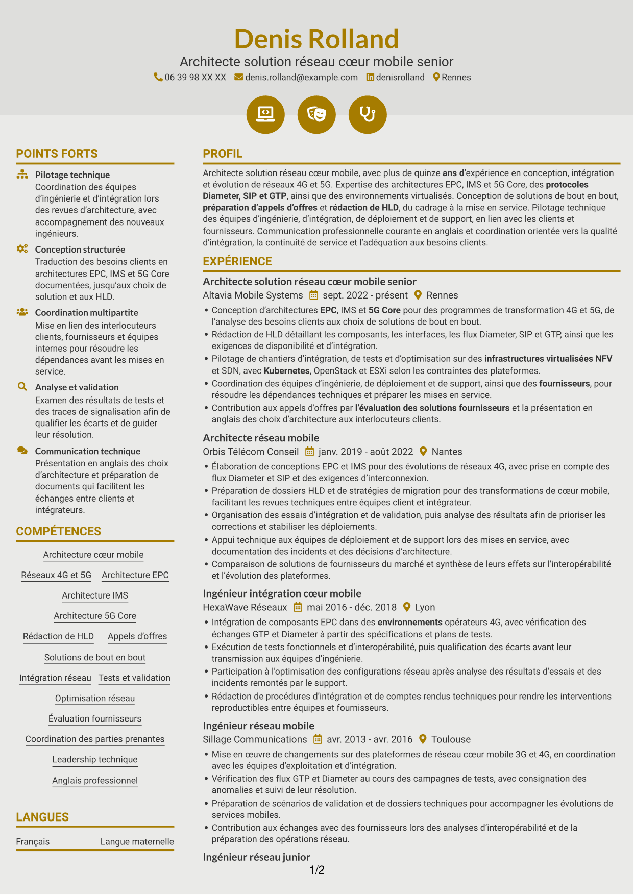 CV Dynamique (format à deux colonnes avec icônes) : Architecte solution réseau cœur mobile, page 1