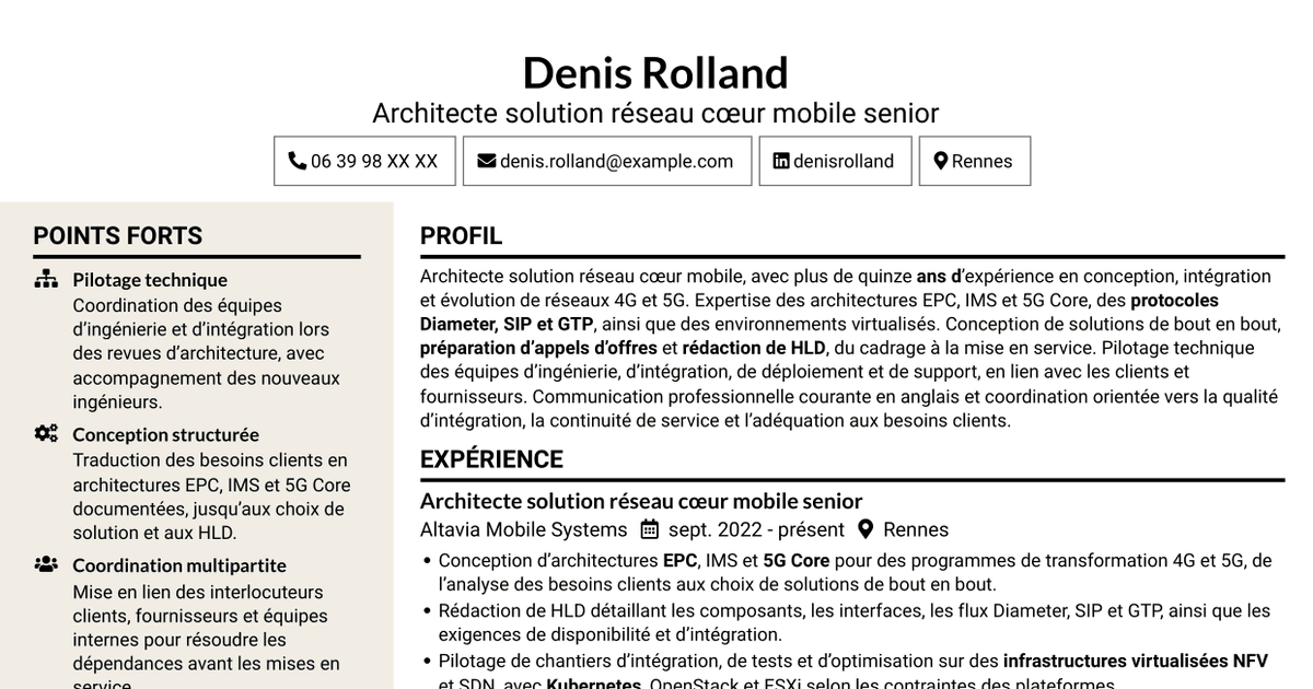 7 modèles de CV pour Architecte solution réseau cœur mobile, avec exemples