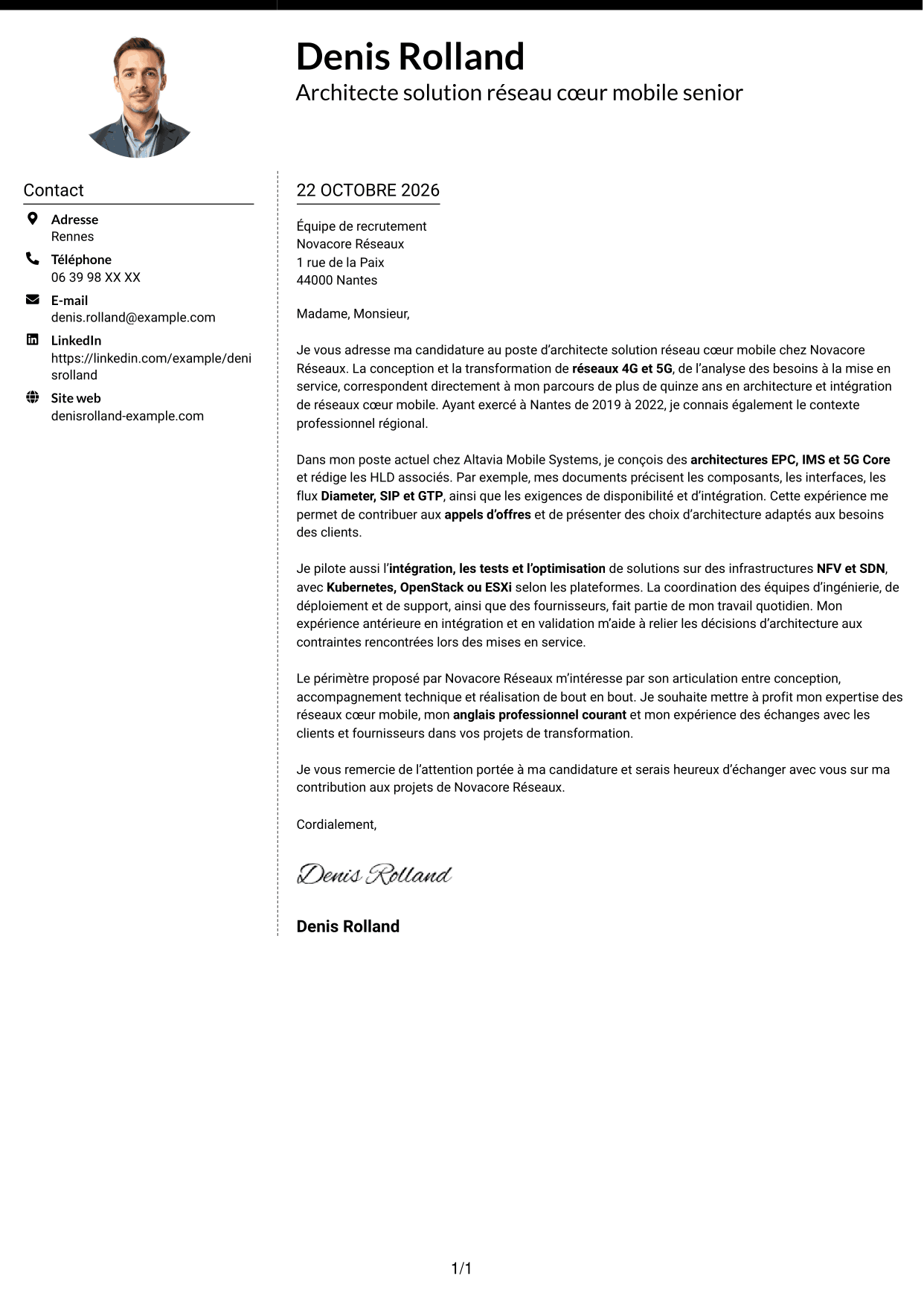 Lettre de motivation Moderne (format à deux colonnes avec photo à gauche et séparateur) : Architecte solution réseau cœur mobile, page 1