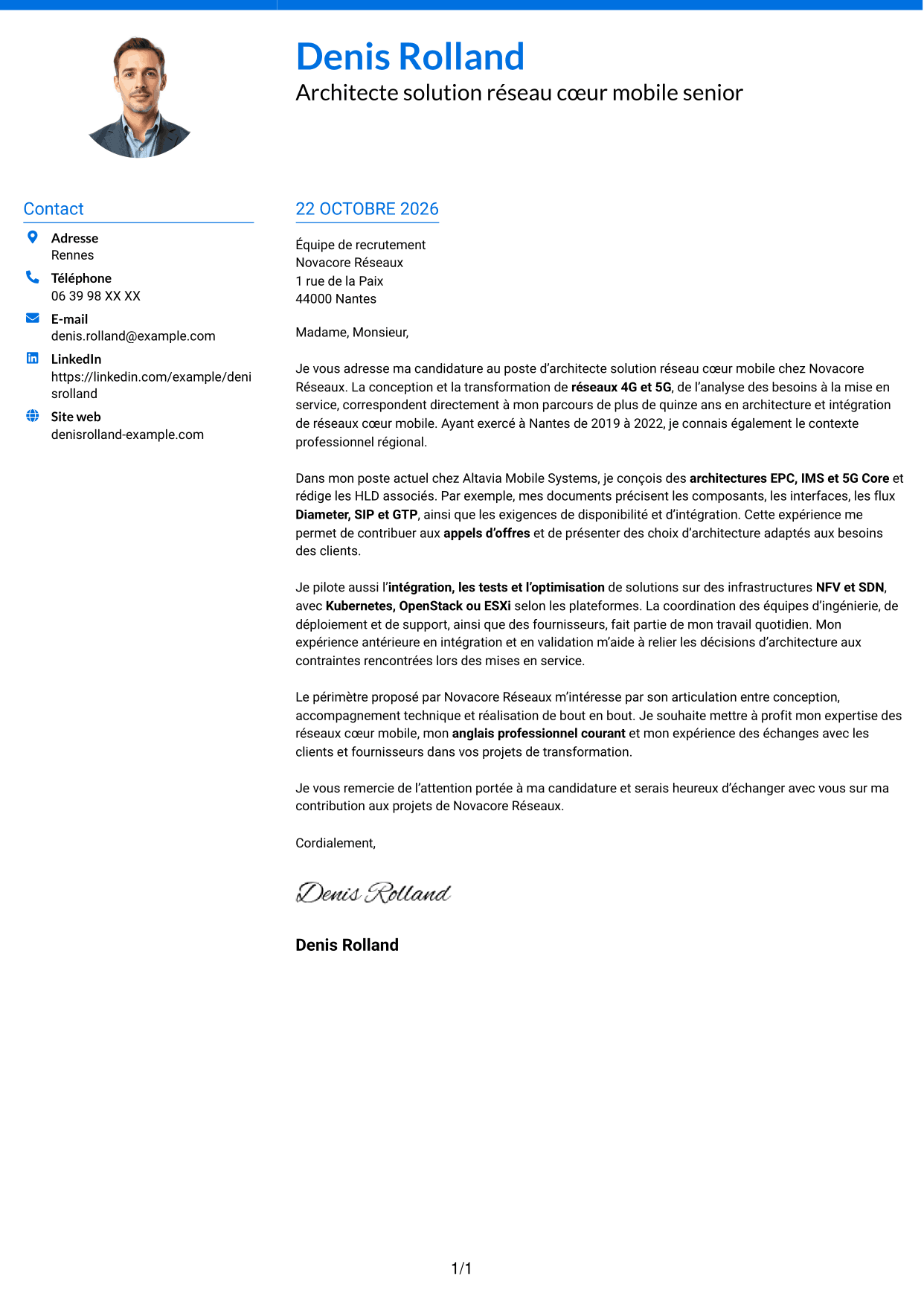 Lettre de motivation Audacieux (format à deux colonnes avec accents colorés et photo) : Architecte solution réseau cœur mobile, page 1