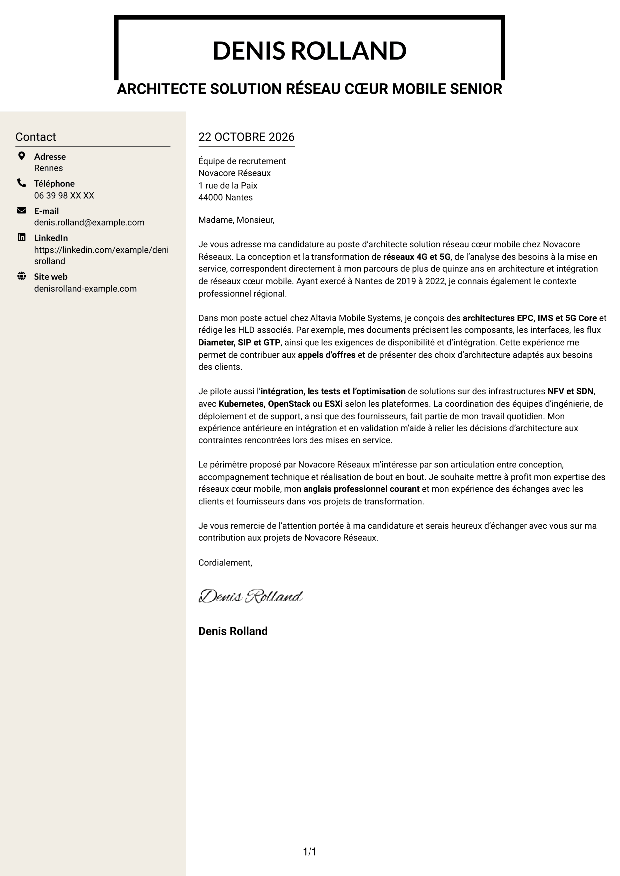 Lettre de motivation Fonceur (format à deux colonnes avec en-tête centré sans photo) : Architecte solution réseau cœur mobile, page 1