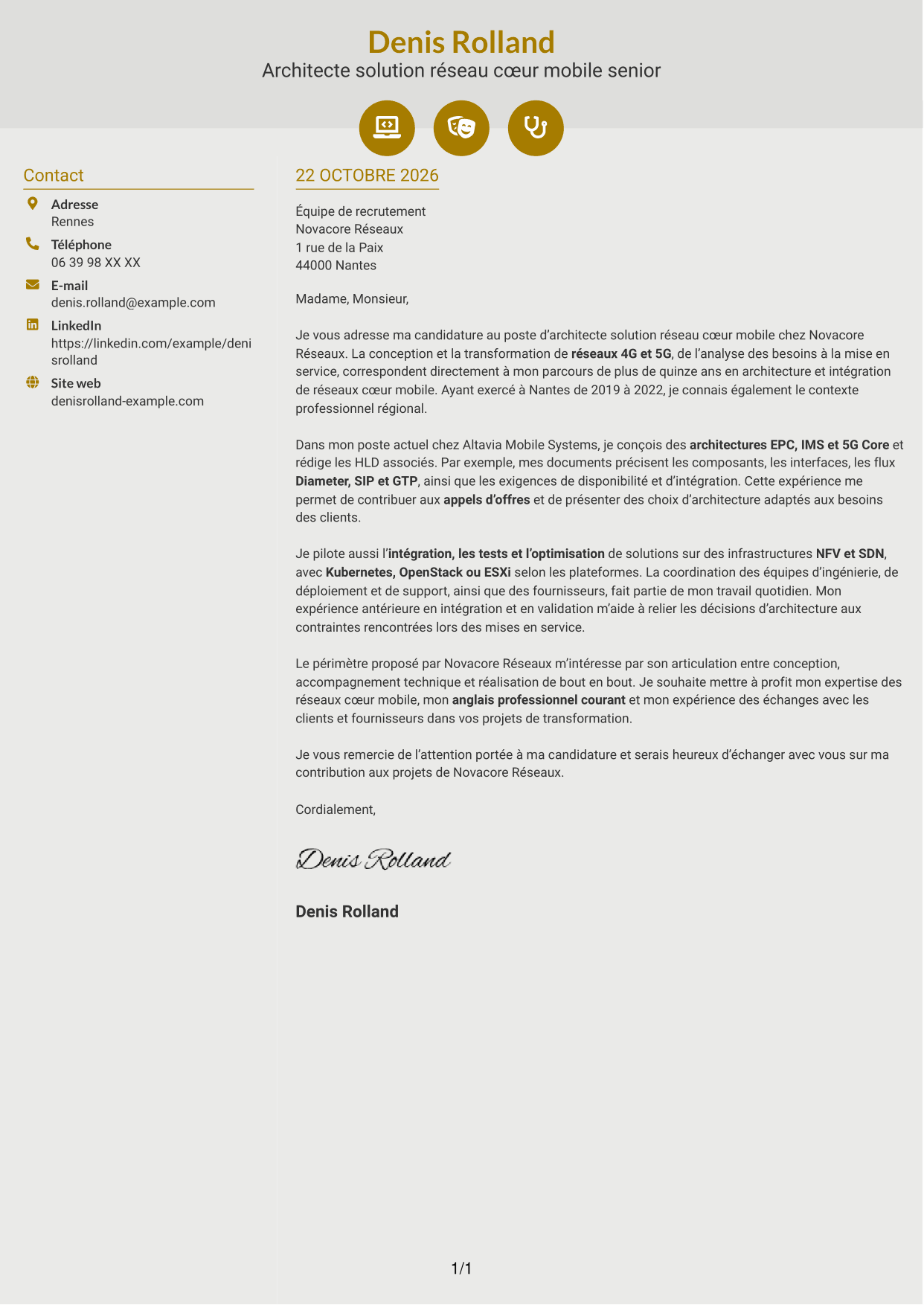 Lettre de motivation Dynamique (format à deux colonnes avec icônes) : Architecte solution réseau cœur mobile, page 1