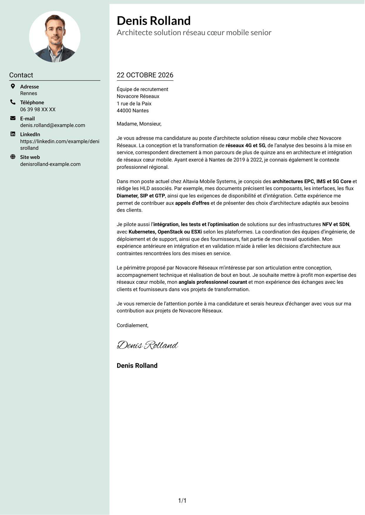 Lettre de motivation Cadre (format à colonne latérale douce avec photo arrondie) : Architecte solution réseau cœur mobile, page 1