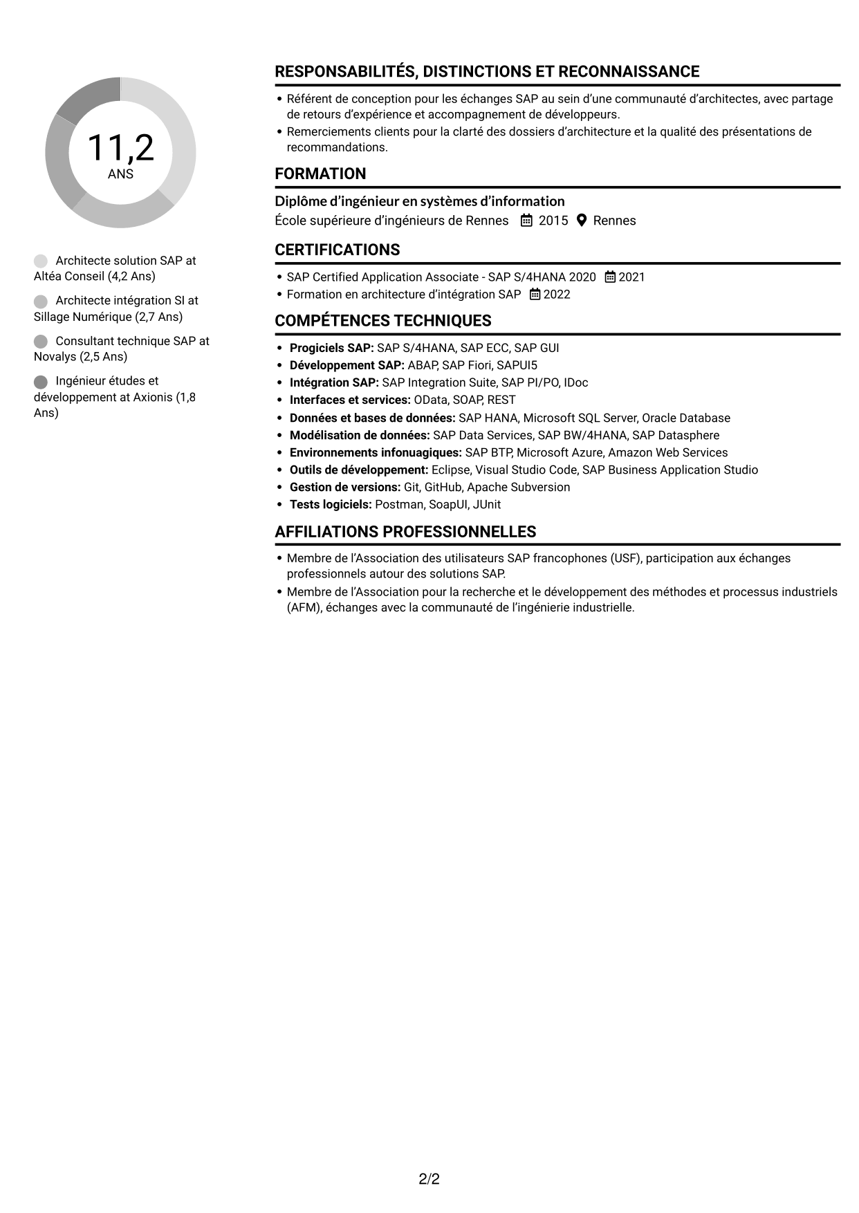CV Compact (format sobre à deux colonnes avec photo) : Architecte solution SAP - Aérospatial, page 2