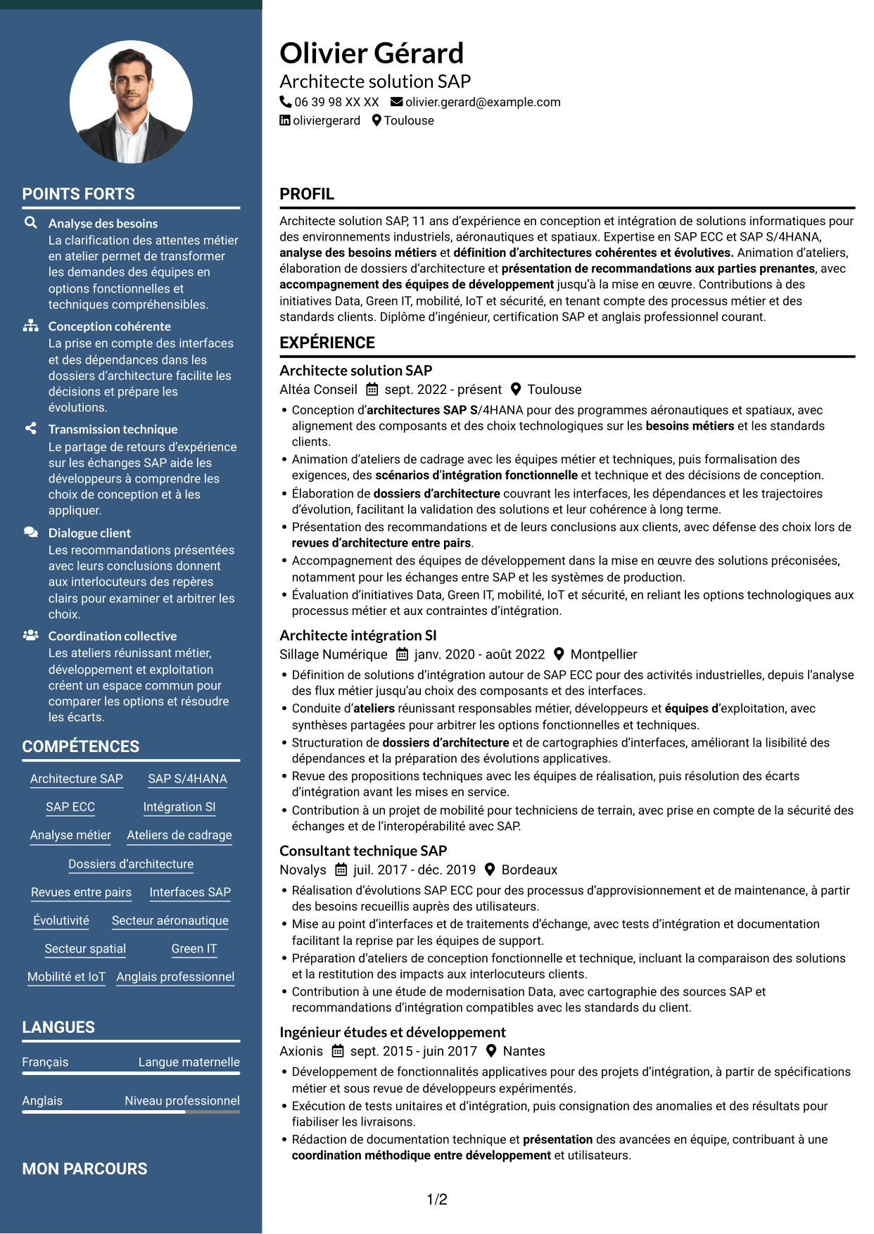 CV Élégant (format à colonne latérale colorée avec photo) : Architecte solution SAP - Aérospatial, page 1