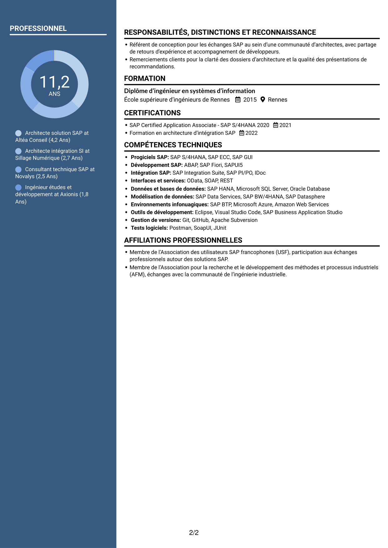 CV Élégant (format à colonne latérale colorée avec photo) : Architecte solution SAP - Aérospatial, page 2