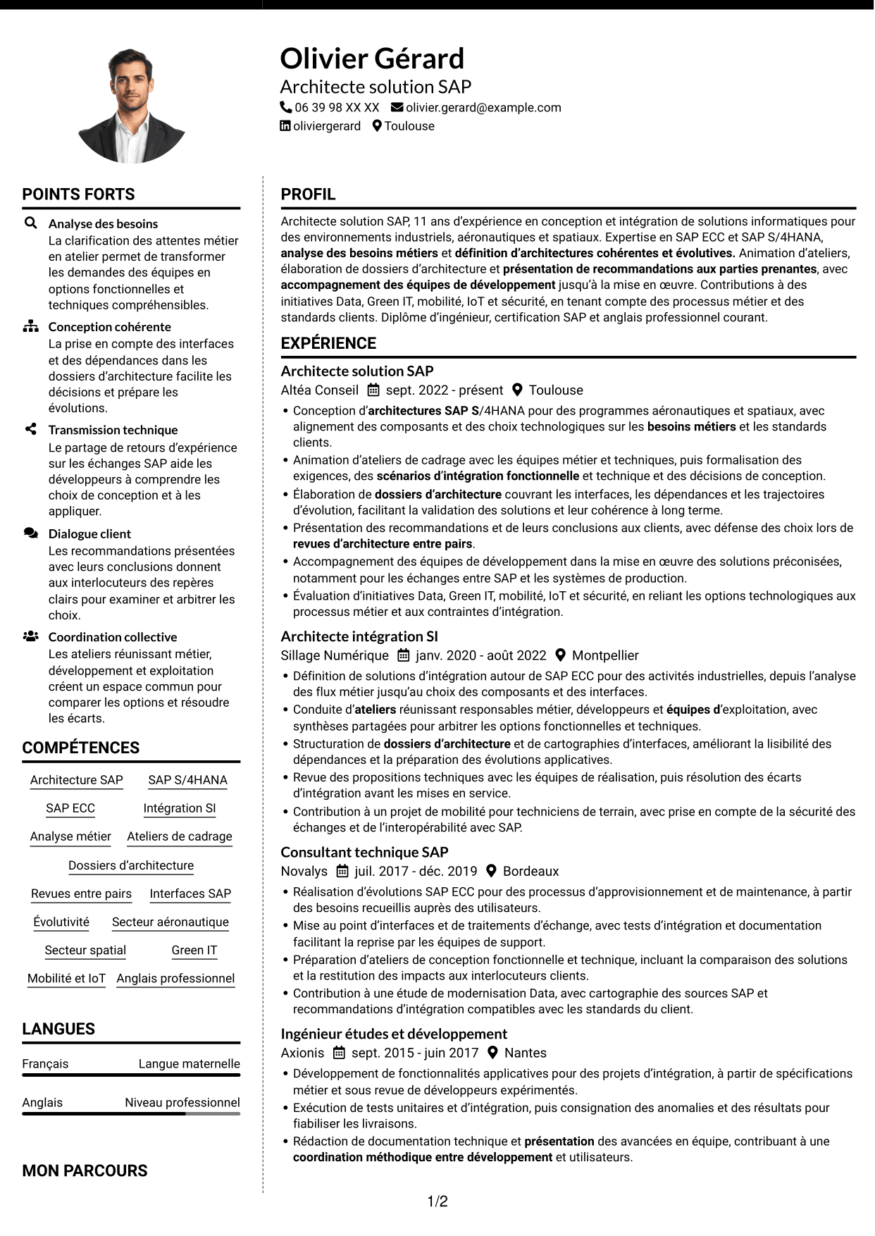CV Moderne (format à deux colonnes avec photo à gauche et séparateur) : Architecte solution SAP - Aérospatial, page 1