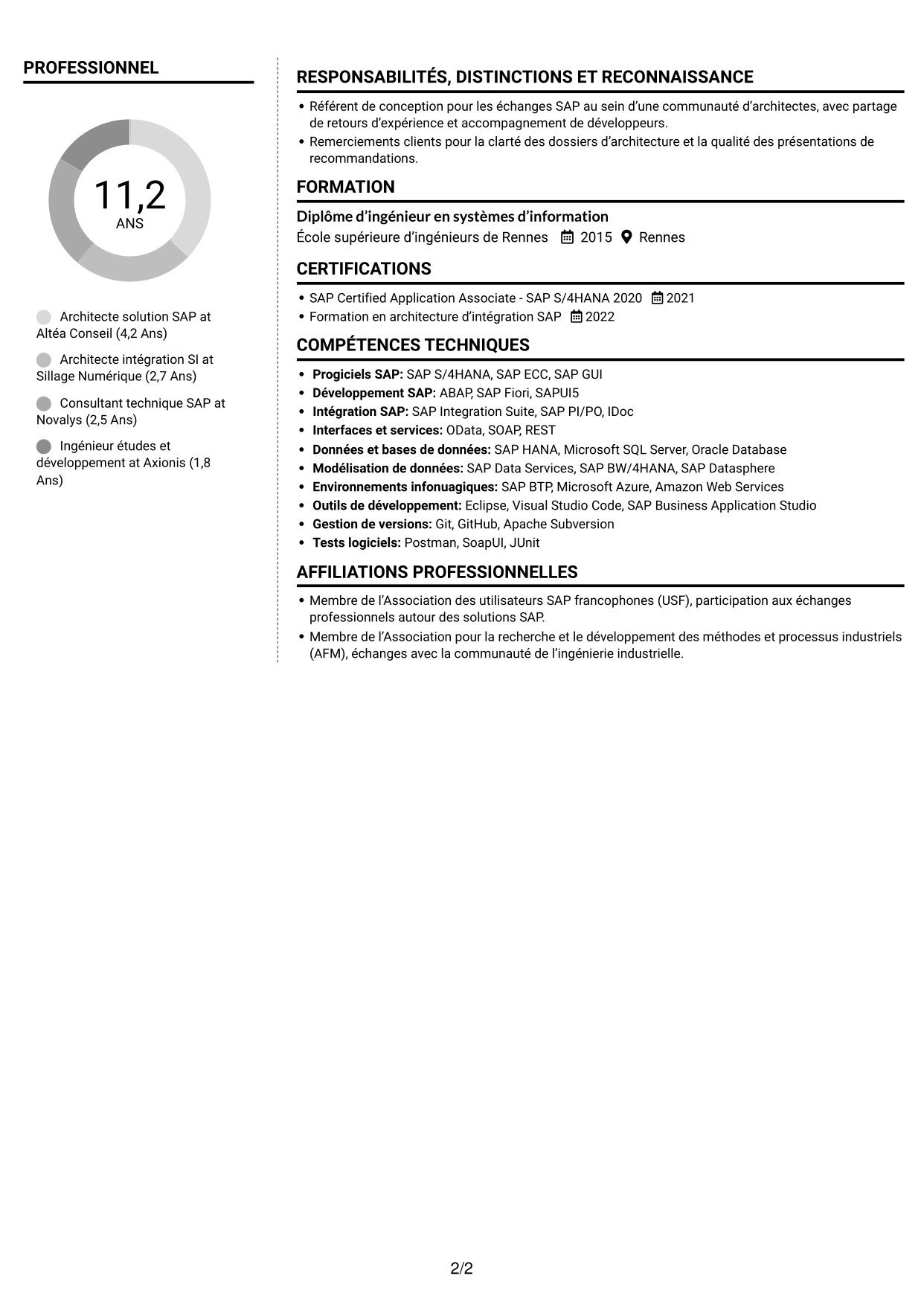 CV Moderne (format à deux colonnes avec photo à gauche et séparateur) : Architecte solution SAP - Aérospatial, page 2