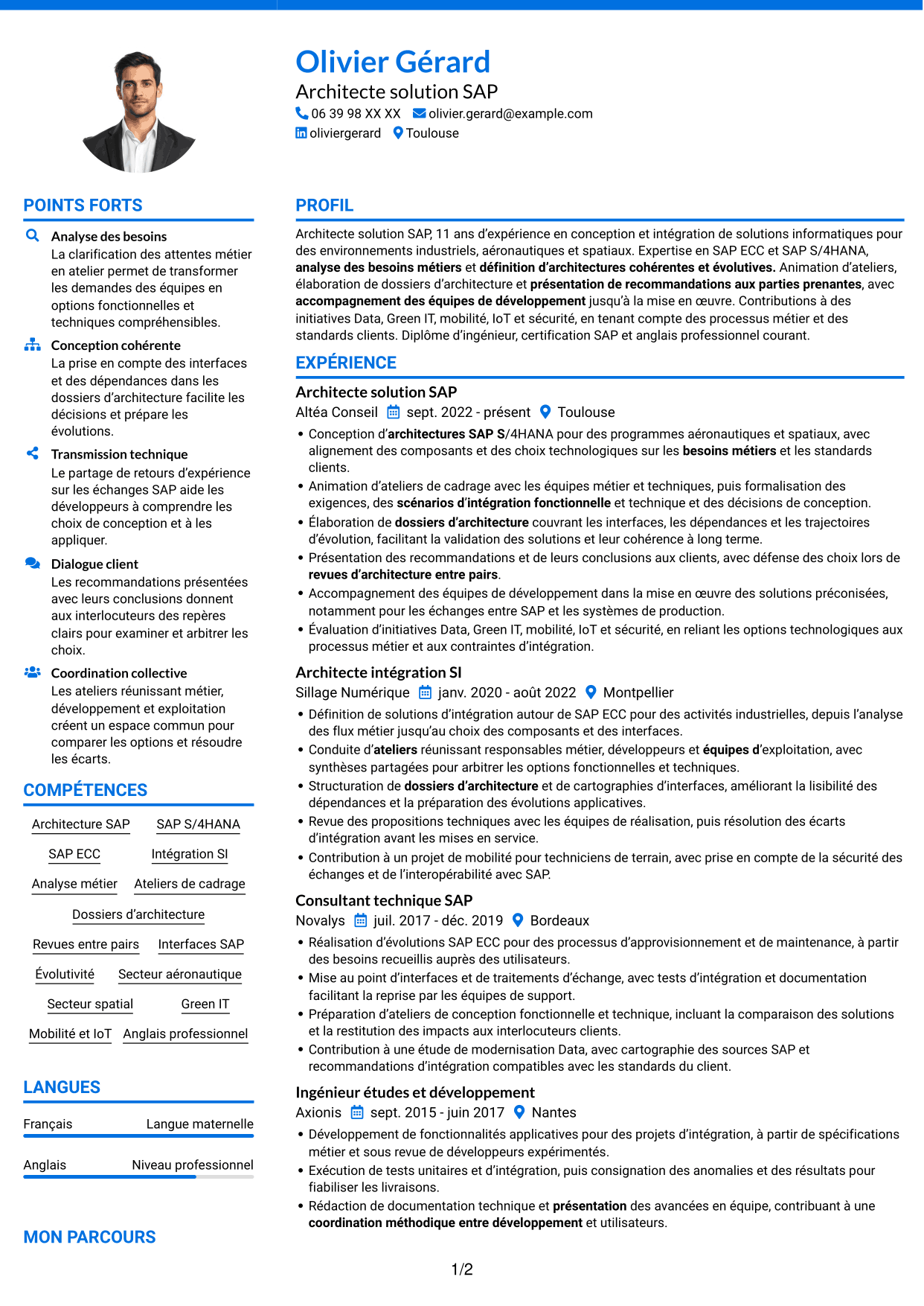 CV Audacieux (format à deux colonnes avec accents colorés et photo) : Architecte solution SAP - Aérospatial, page 1