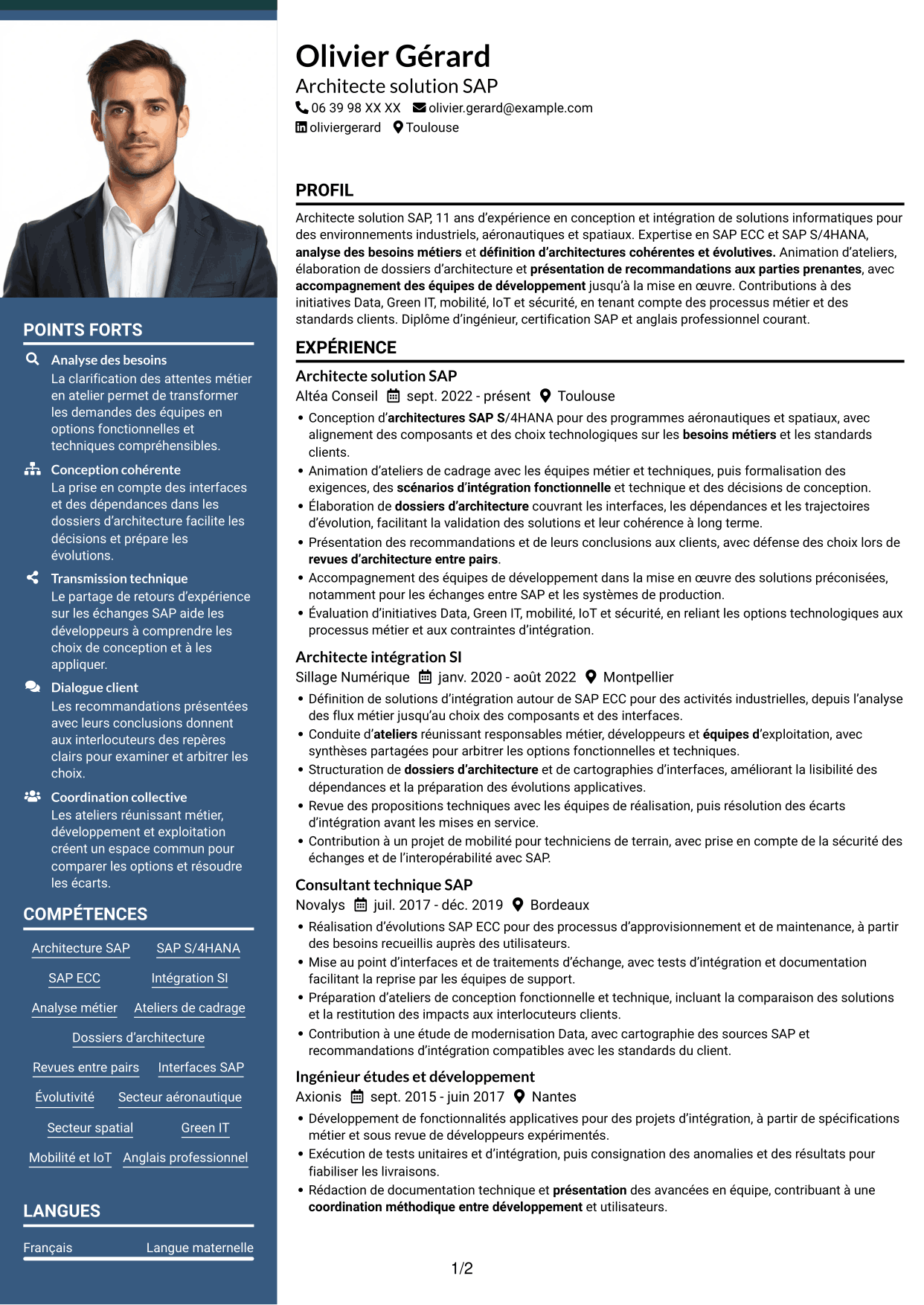 CV Signature (format à colonne latérale colorée avec grande photo) : Architecte solution SAP - Aérospatial, page 1