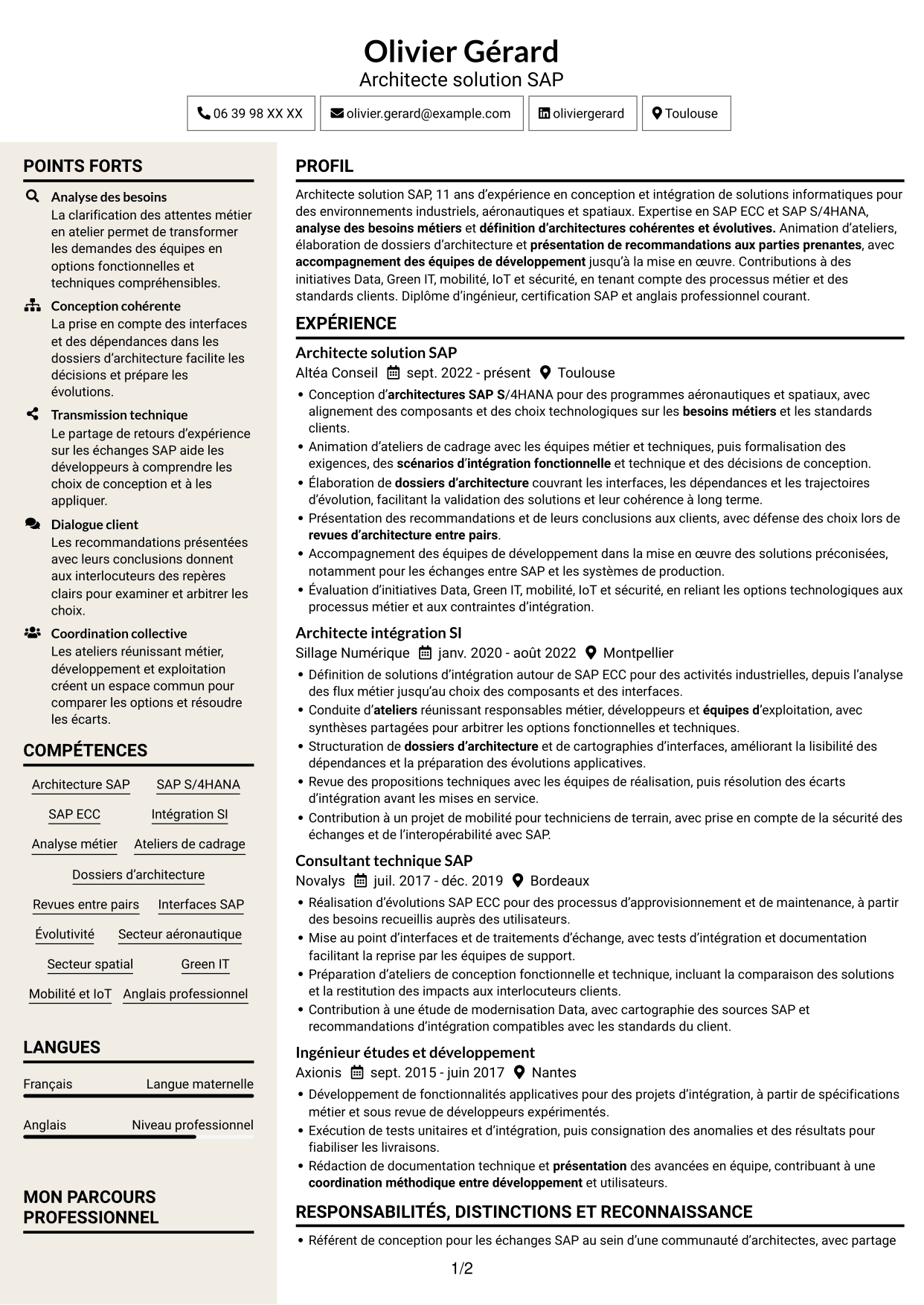CV Fonceur (format à deux colonnes avec en-tête centré sans photo) : Architecte solution SAP - Aérospatial, page 1