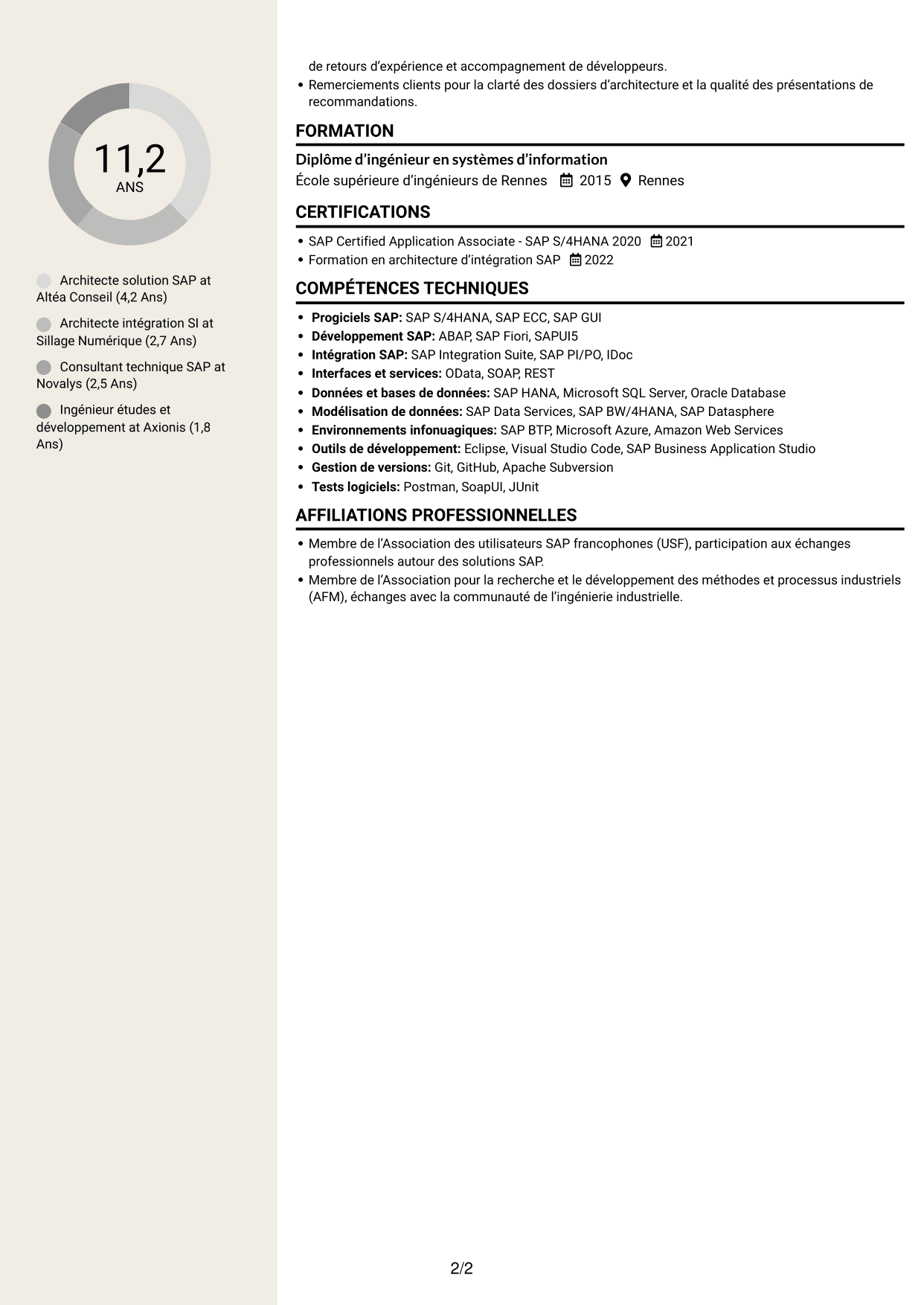 CV Fonceur (format à deux colonnes avec en-tête centré sans photo) : Architecte solution SAP - Aérospatial, page 2