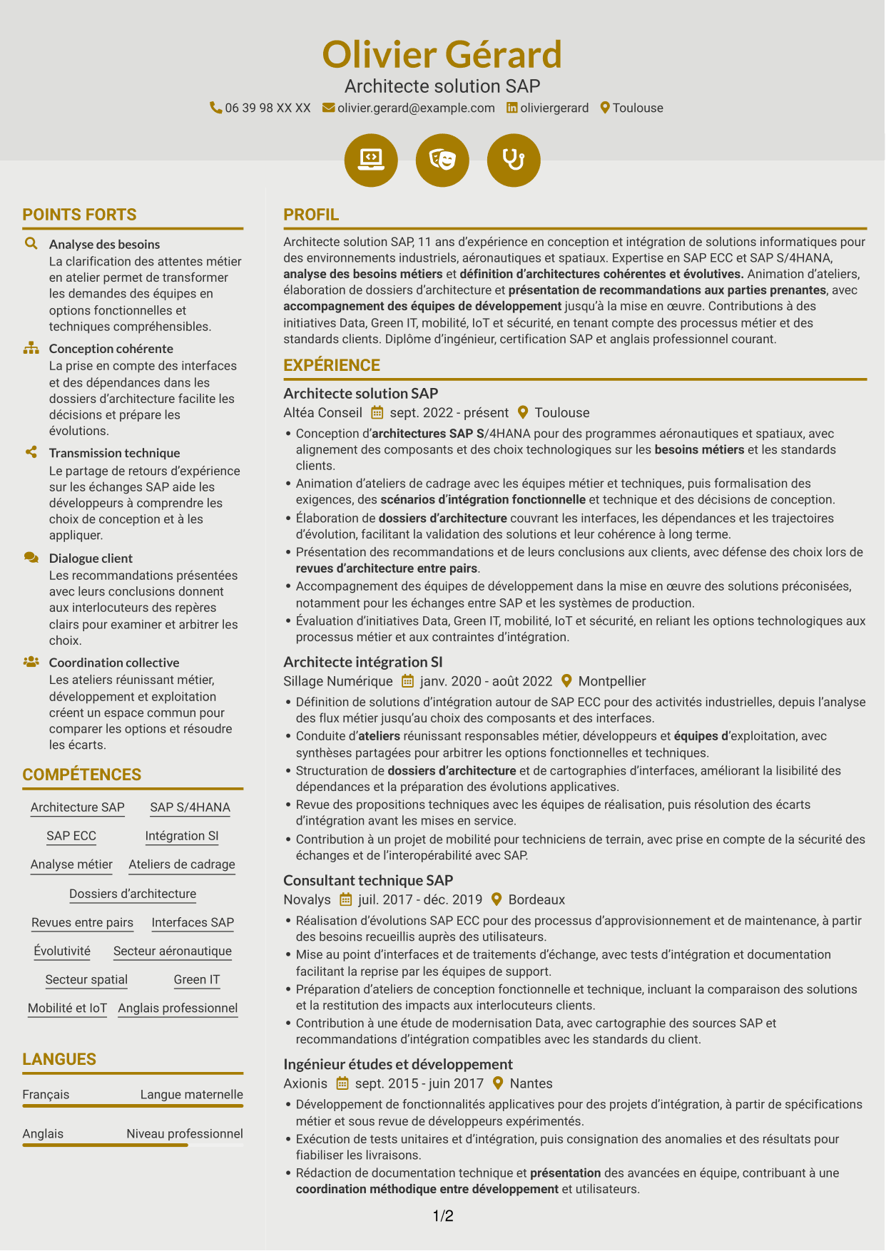 CV Dynamique (format à deux colonnes avec icônes) : Architecte solution SAP - Aérospatial, page 1