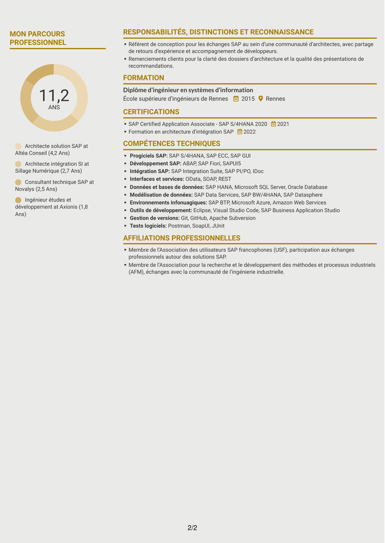 CV Dynamique (format à deux colonnes avec icônes) : Architecte solution SAP - Aérospatial, page 2
