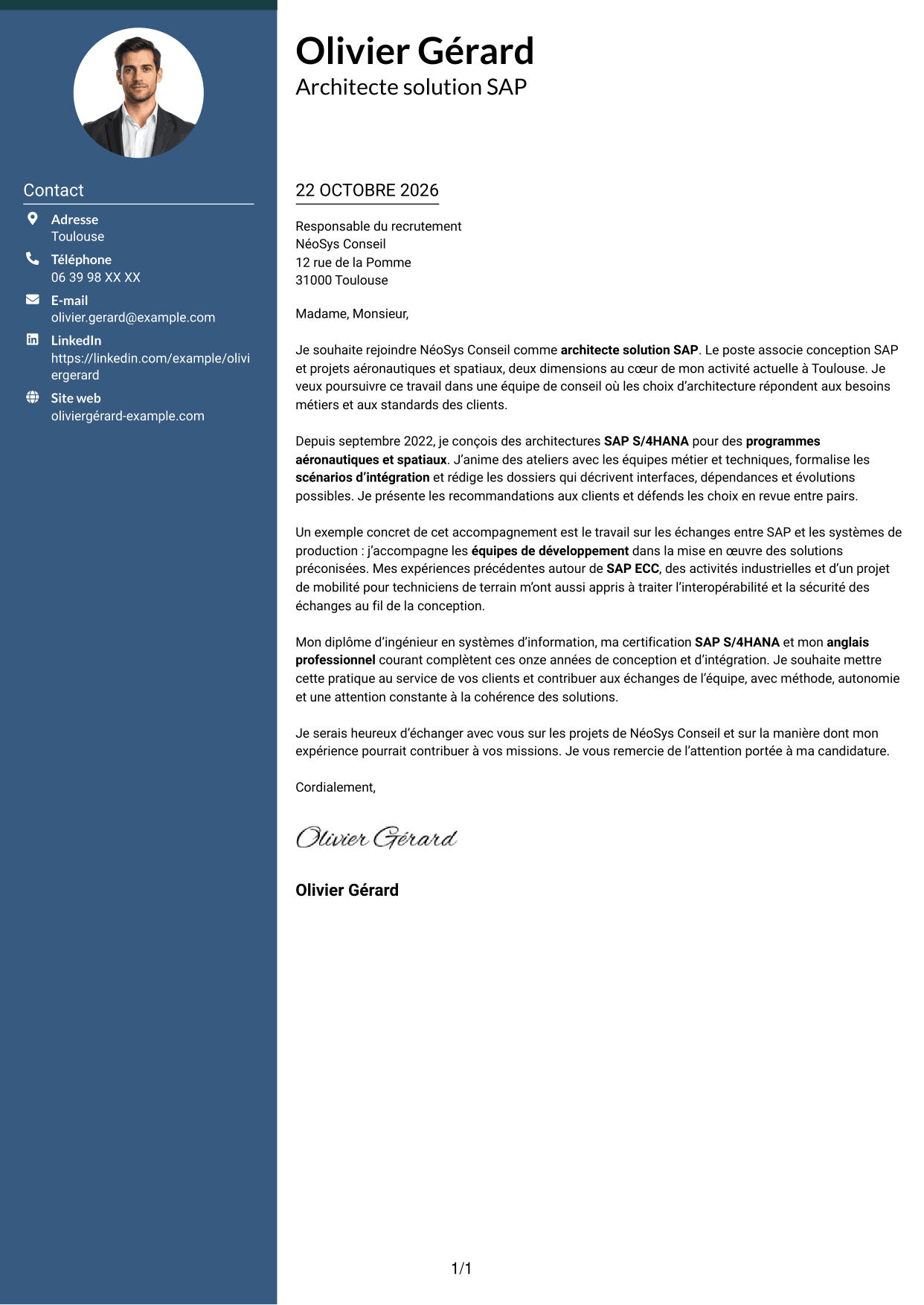 Lettre de motivation Élégant (format à colonne latérale colorée avec photo) : Architecte solution SAP - Aérospatial, page 1