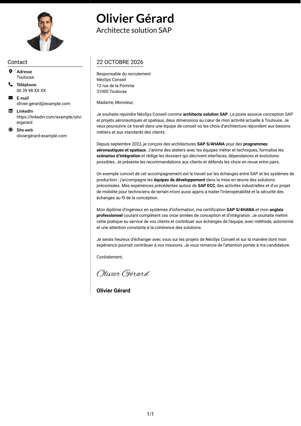 Lettre de motivation Moderne (format à deux colonnes avec photo à gauche et séparateur) : Architecte solution SAP - Aérospatial, page 1