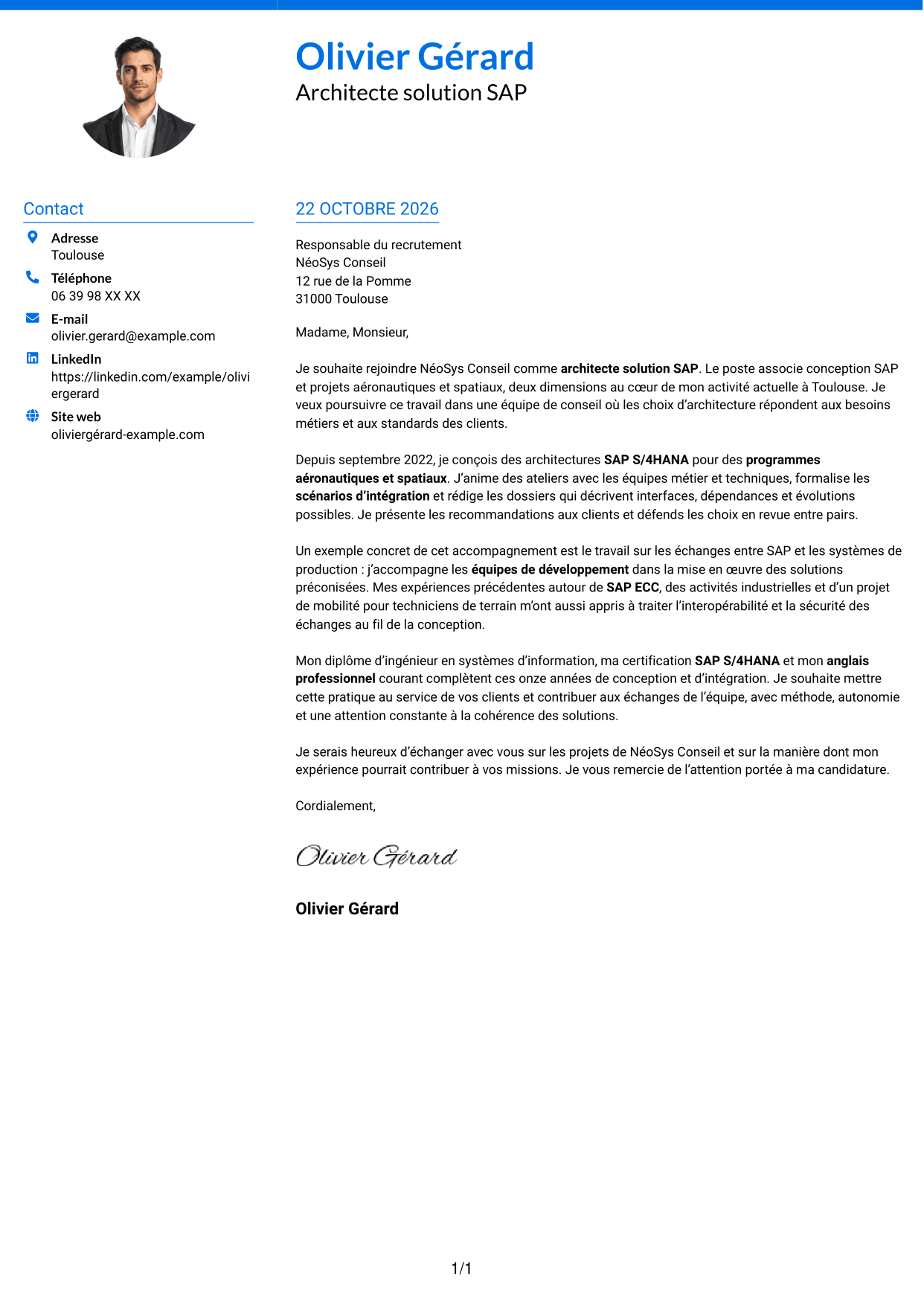 Lettre de motivation Audacieux (format à deux colonnes avec accents colorés et photo) : Architecte solution SAP - Aérospatial, page 1