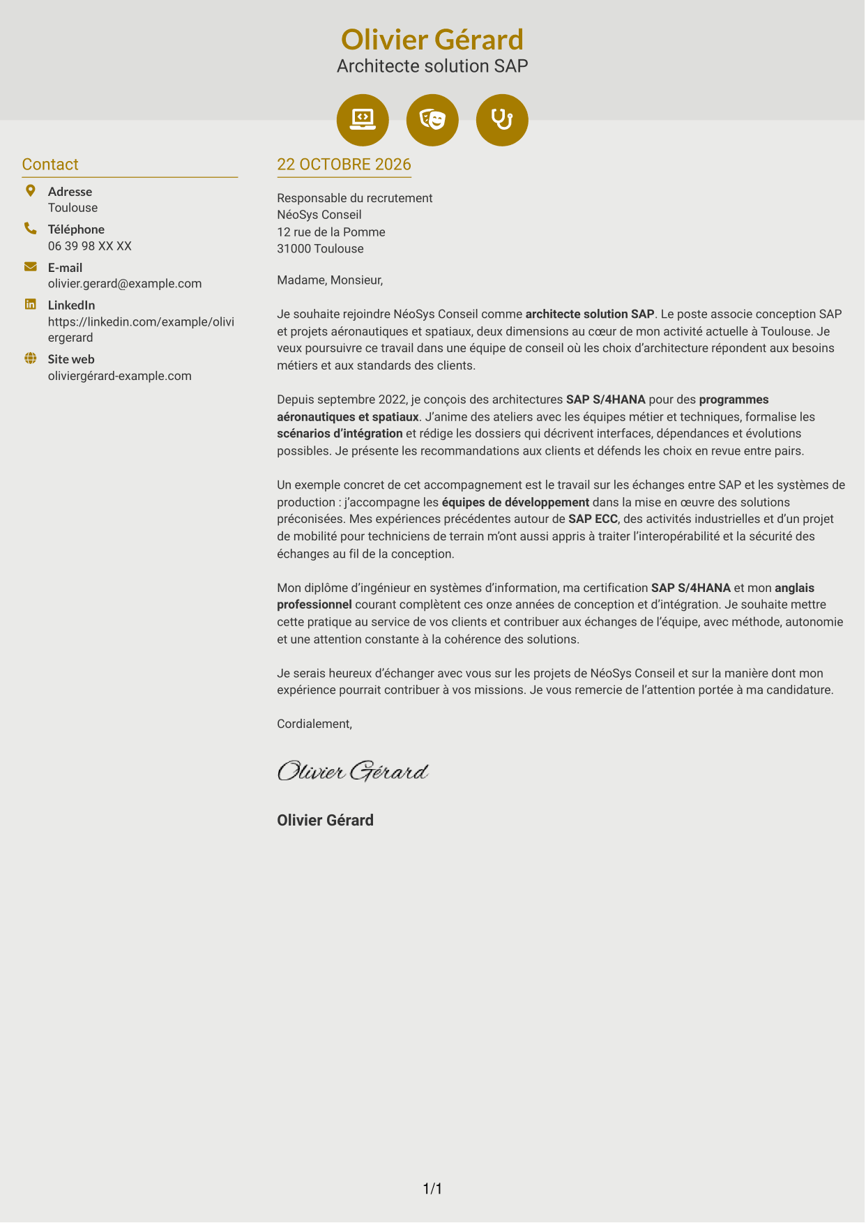 Lettre de motivation Dynamique (format à deux colonnes avec icônes) : Architecte solution SAP - Aérospatial, page 1