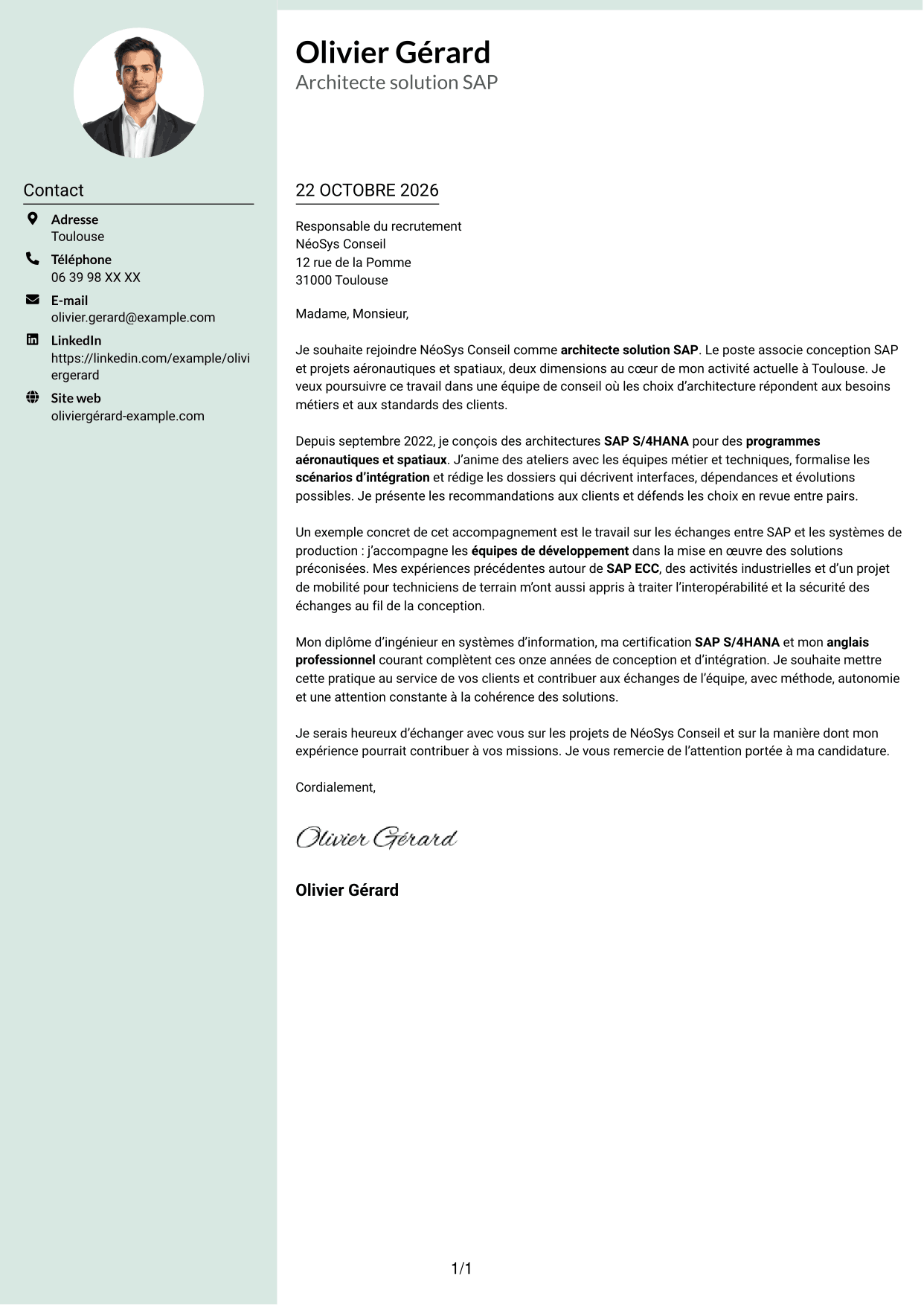 Lettre de motivation Cadre (format à colonne latérale douce avec photo arrondie) : Architecte solution SAP - Aérospatial, page 1